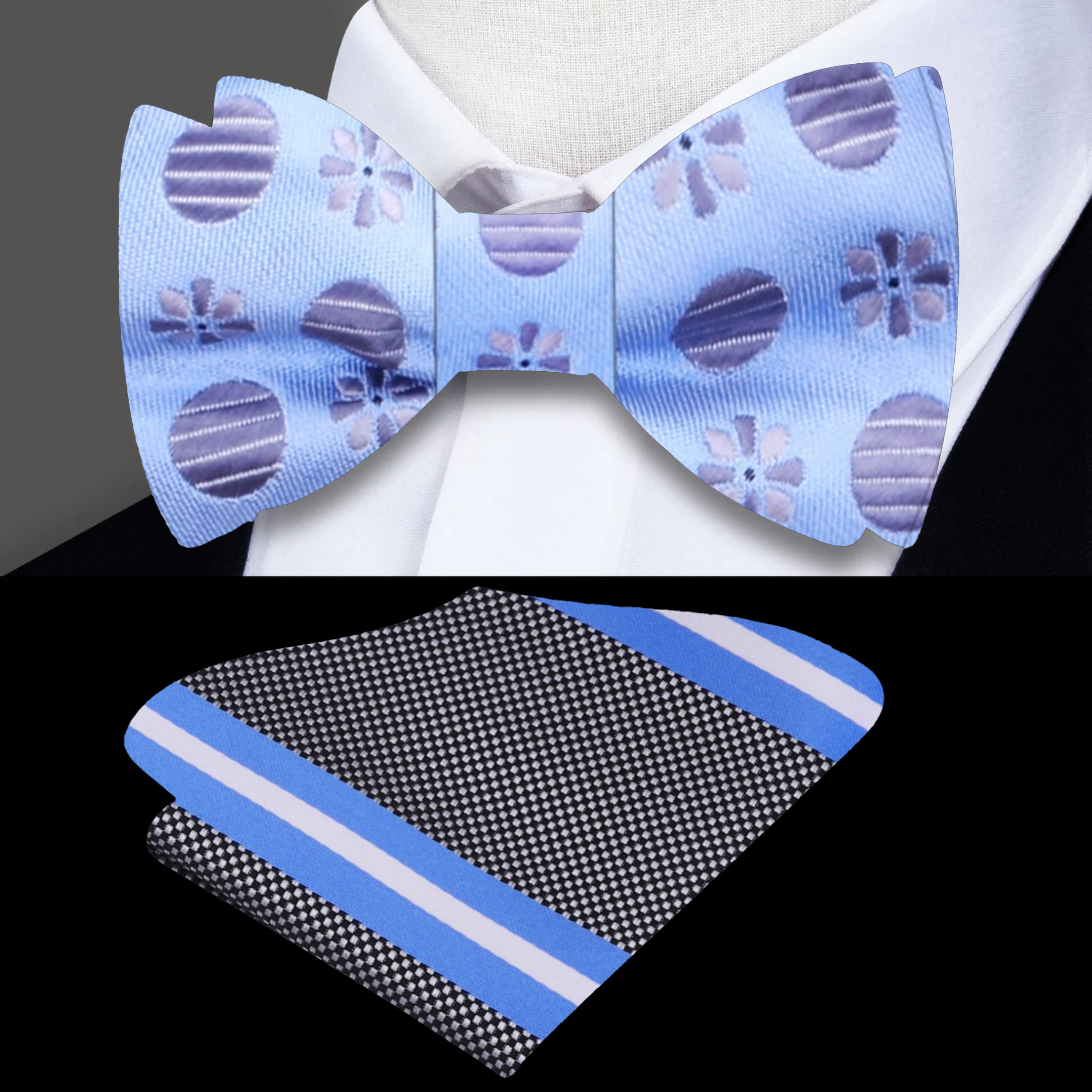 Front view of light blue silk self tie bow tie with polka dots for weddings