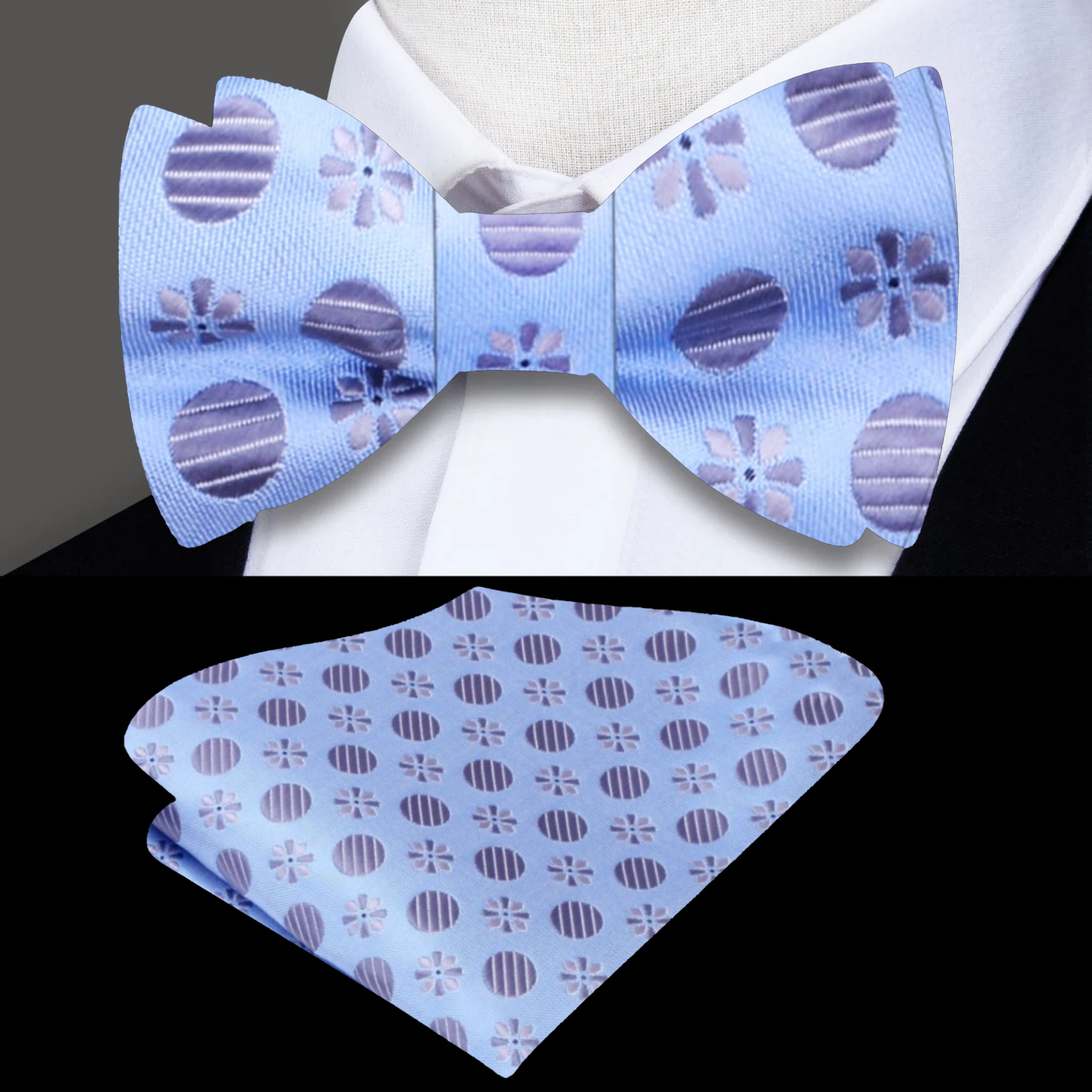 Model wearing a light blue bow tie with floral pattern at outdoor wedding