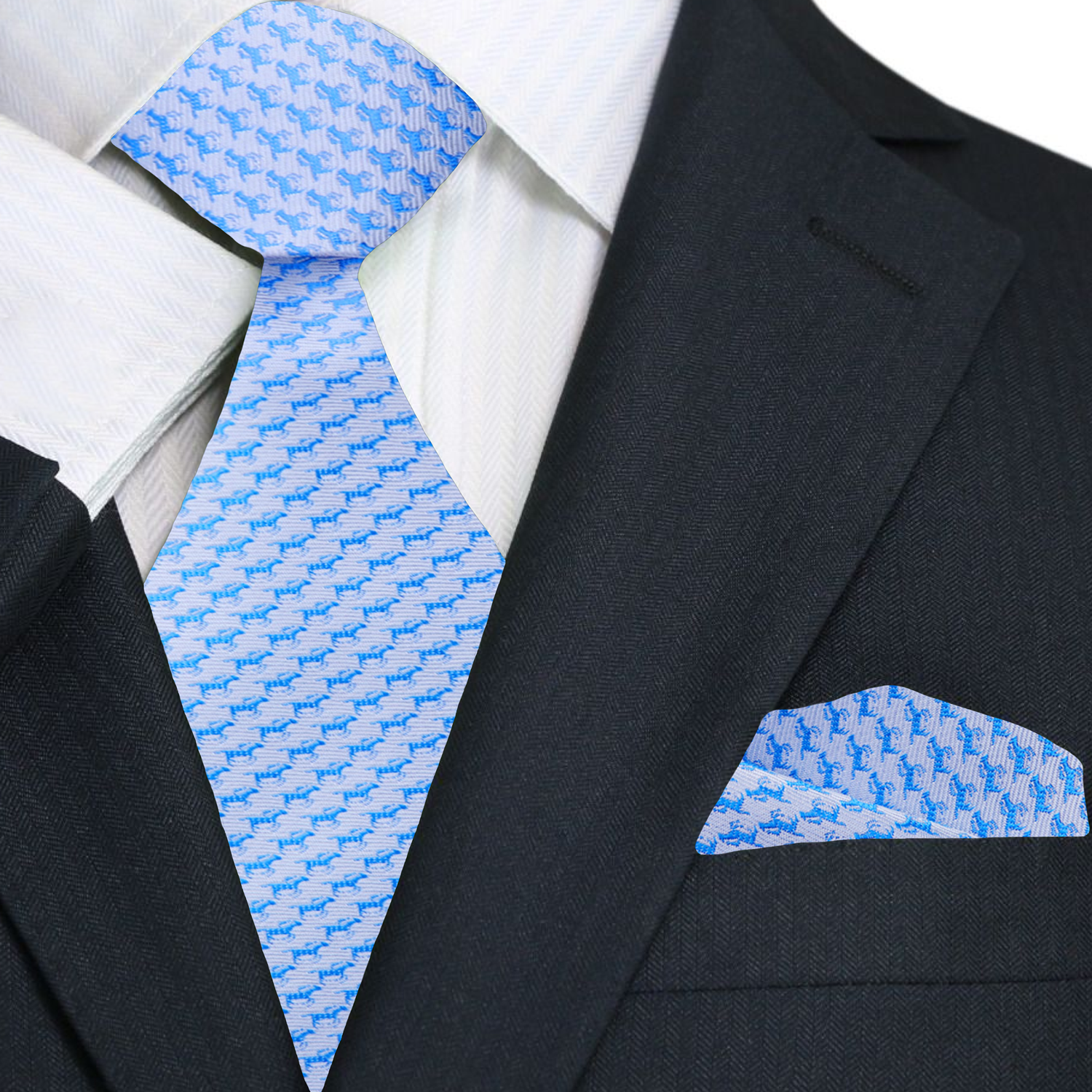 Mens silk race horse necktie with horse pattern in blue and red, ideal for formal horse racing events