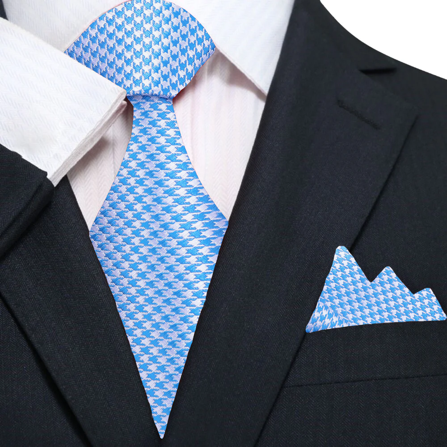 Matching pocket square in gold and black houndstooth design complementing the necktie
