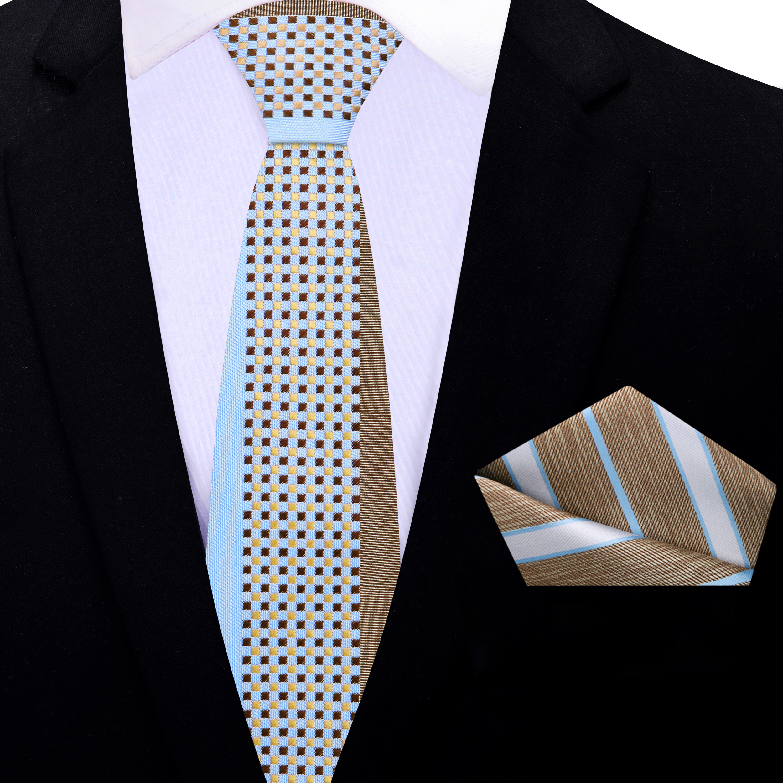 Light blue and brown check necktie with geometric pattern laid out on a dress shirt