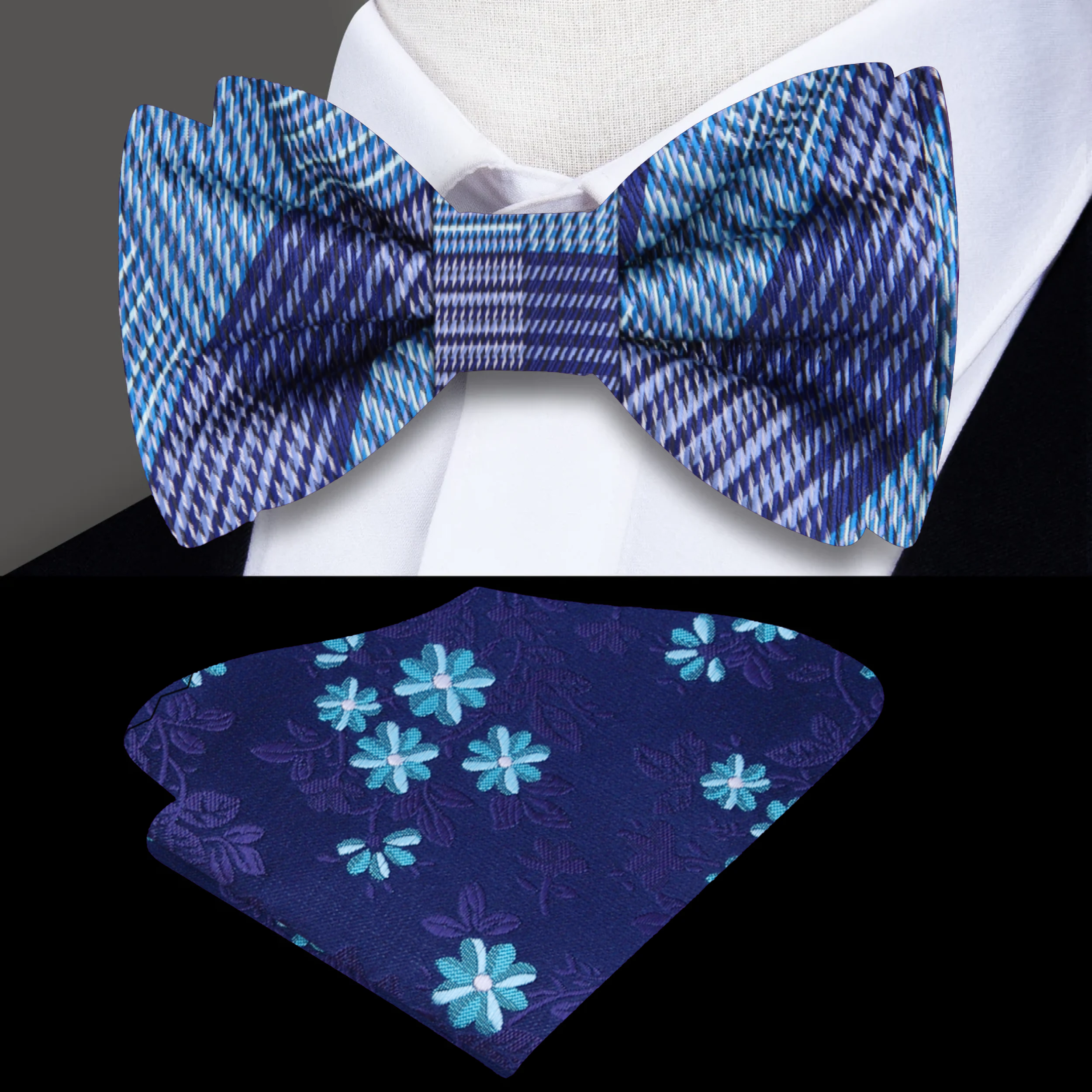 Silk bow tie paired with a navy suit, perfect for spring weddings and formal events
