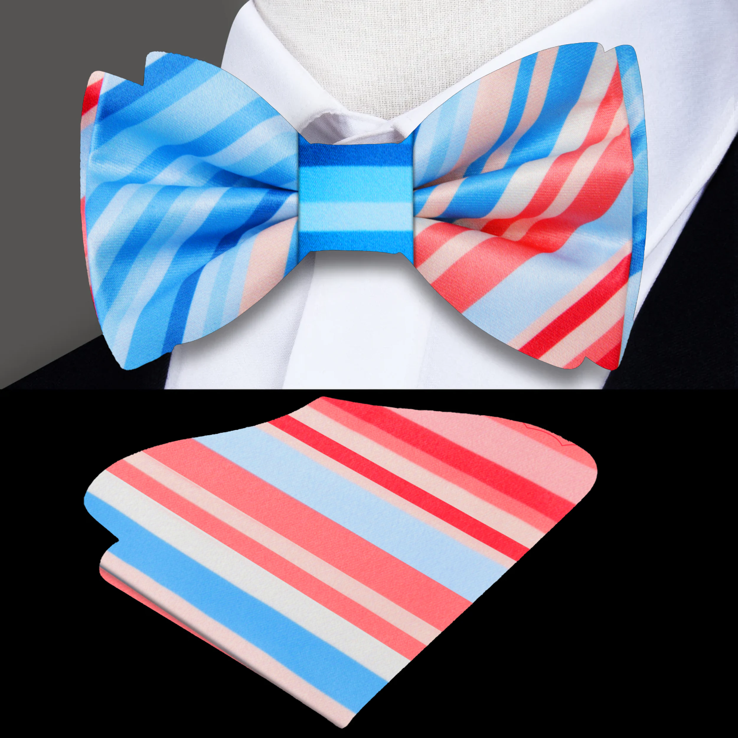 Matching pocket square with gradient bow tie for wedding attire