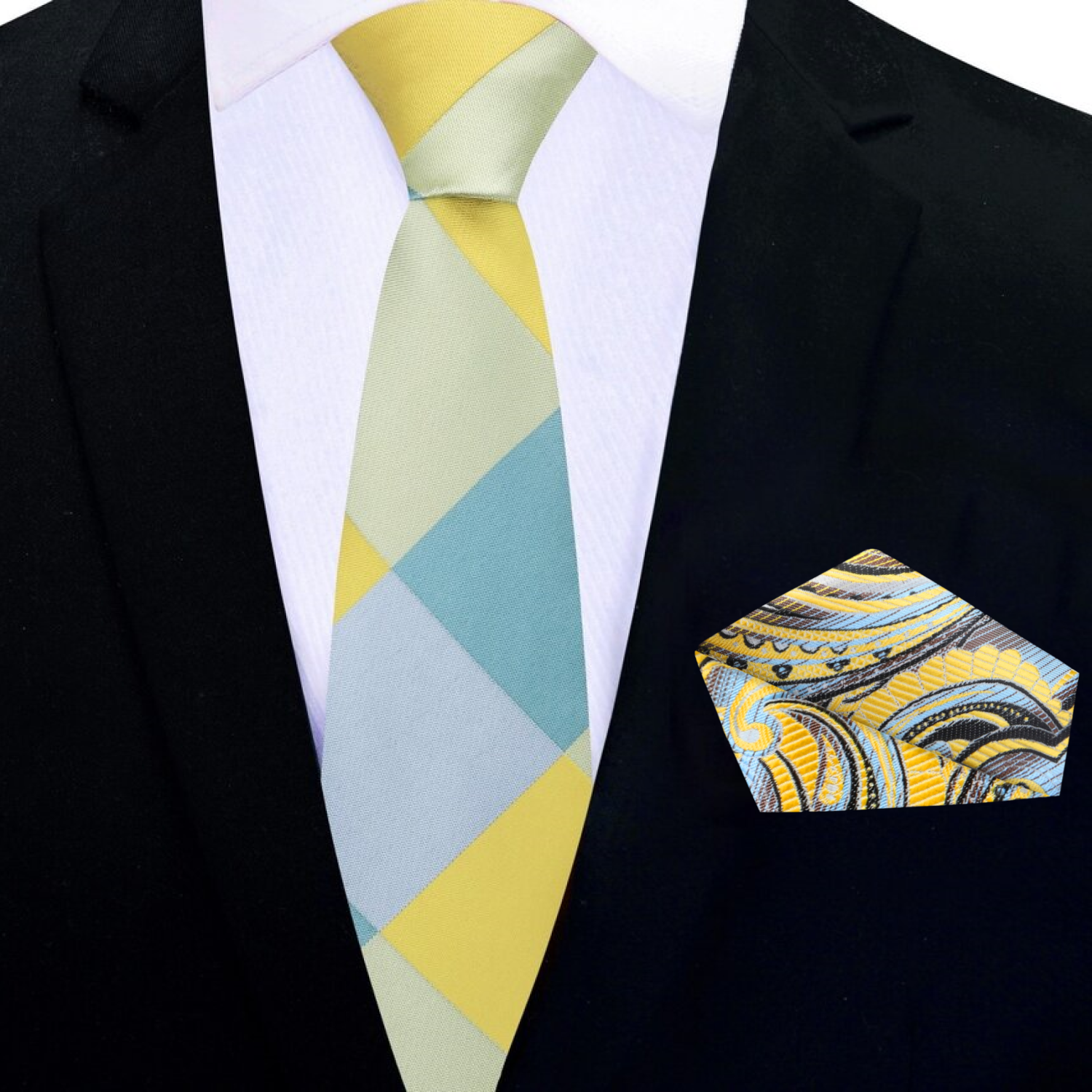The Sun-Drop Diamond Silk Tie draped over a light blue dress shirt, highlighting its vibrant color scheme.