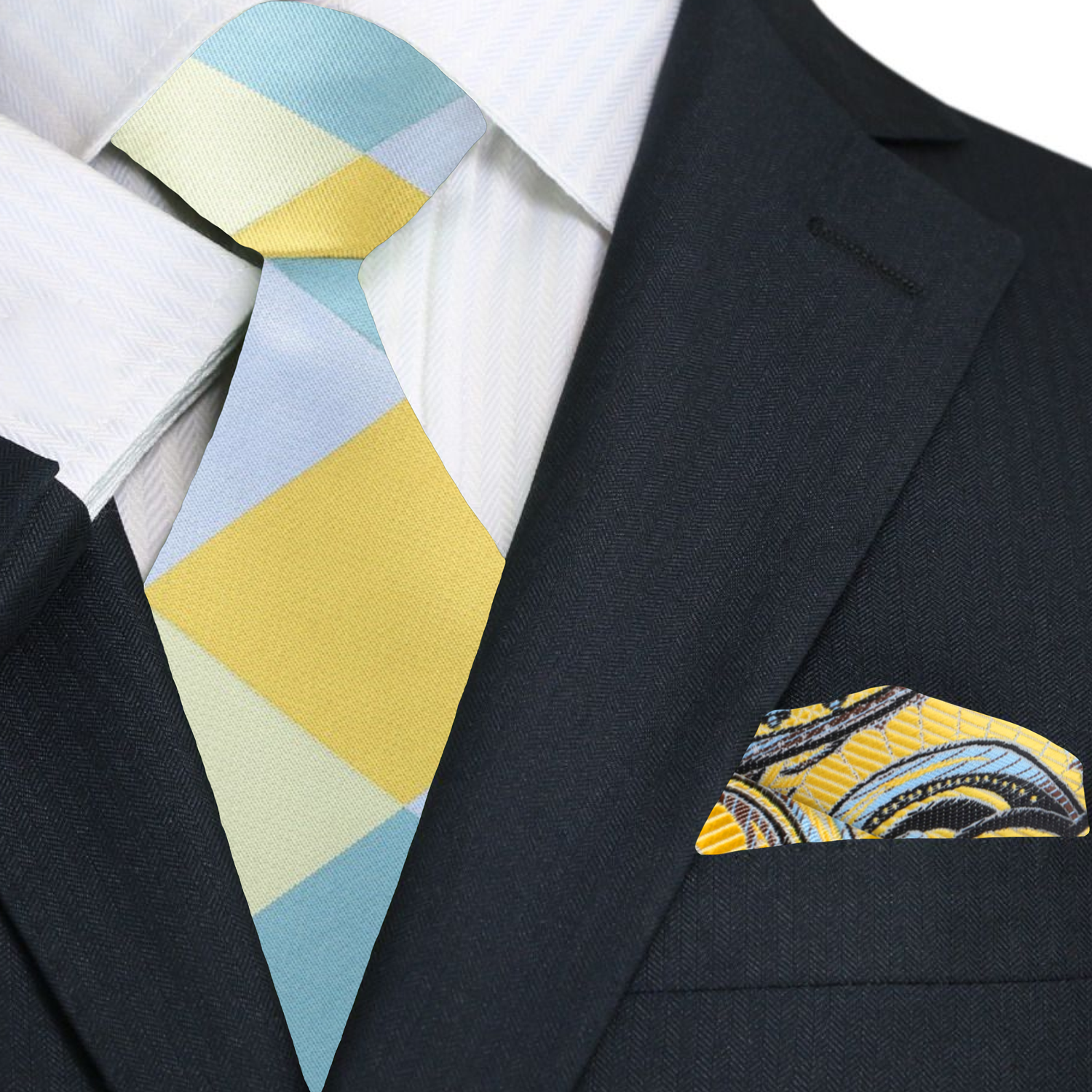 Model wearing the Sun-Drop Diamond Silk Tie with a navy blue suit, exuding elegance at a corporate event.