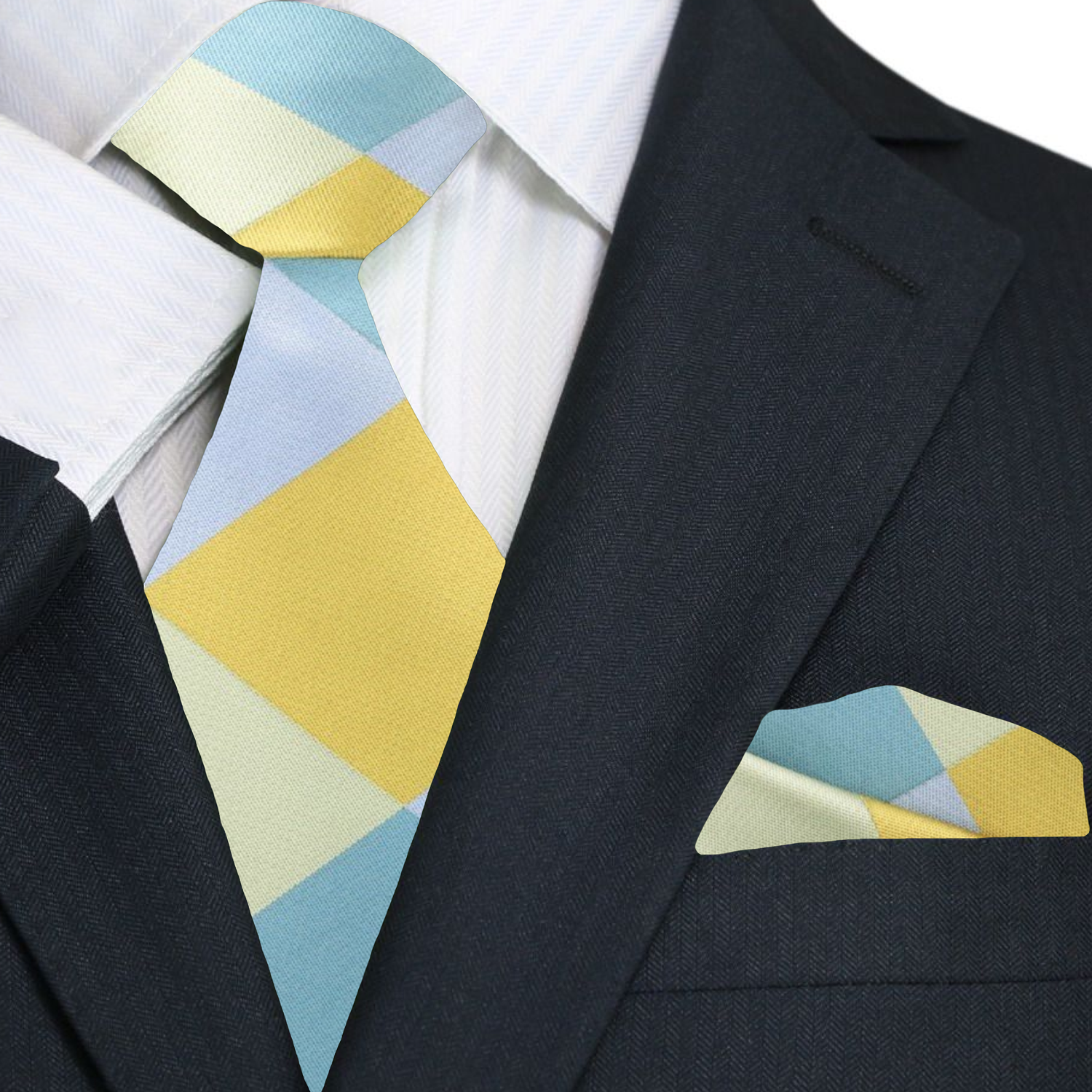 Close-up of the Sun-Drop Diamond Silk Tie showcasing the intricate blue and yellow diamond pattern.