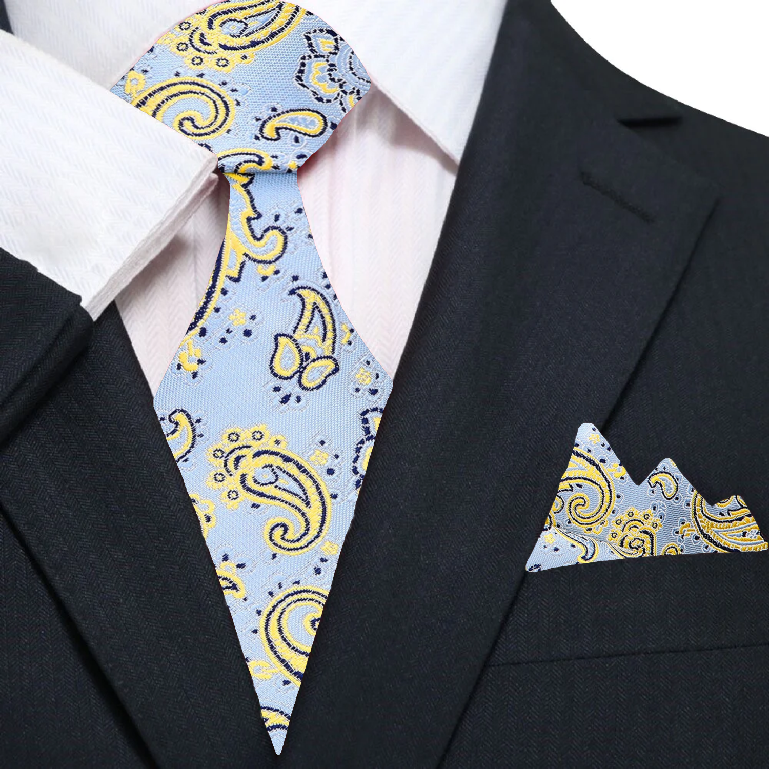 Man wearing a paisley silk tie with a navy suit at a wedding