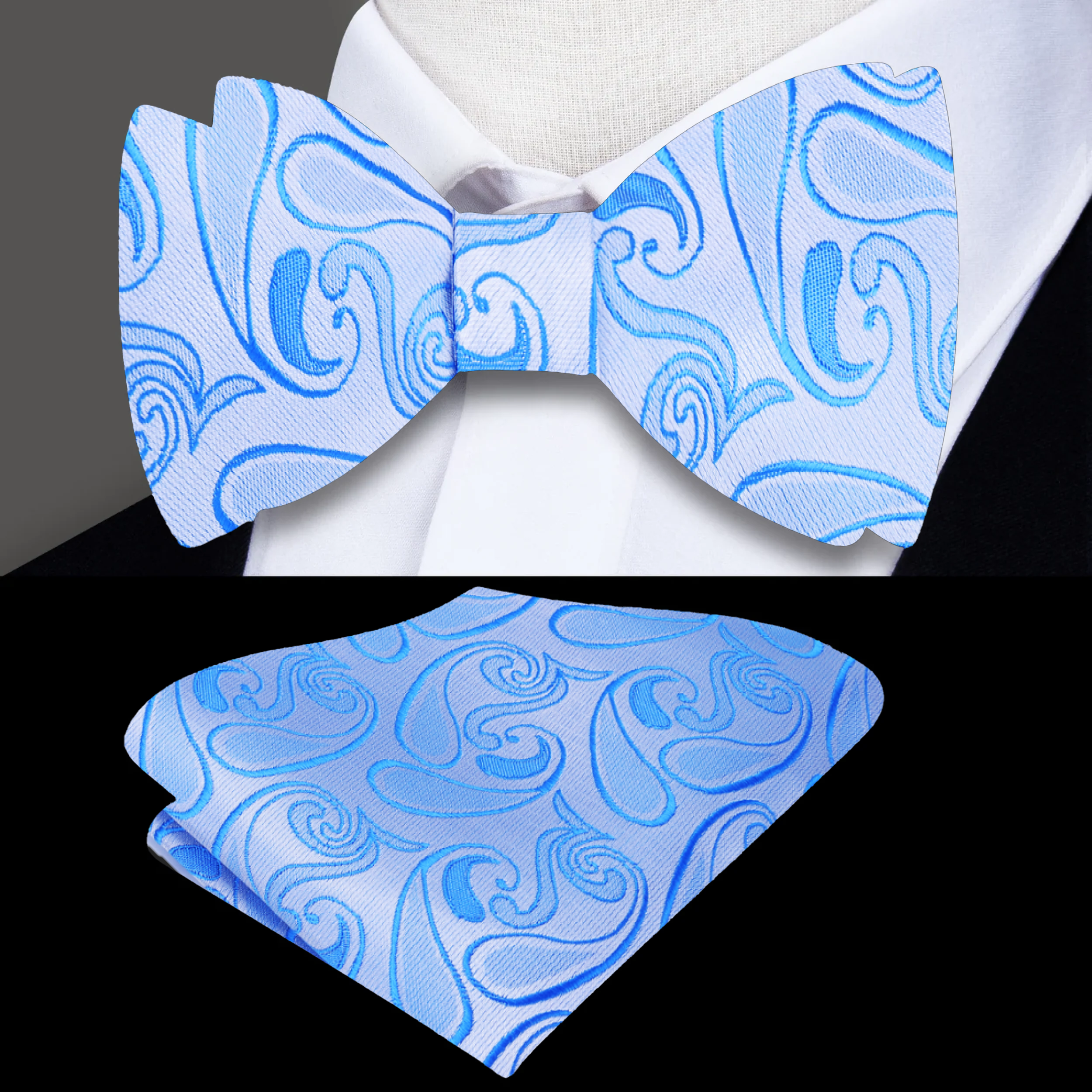 Front view of a blue paisley self tie bow tie on a mannequin, ideal for formal occasions