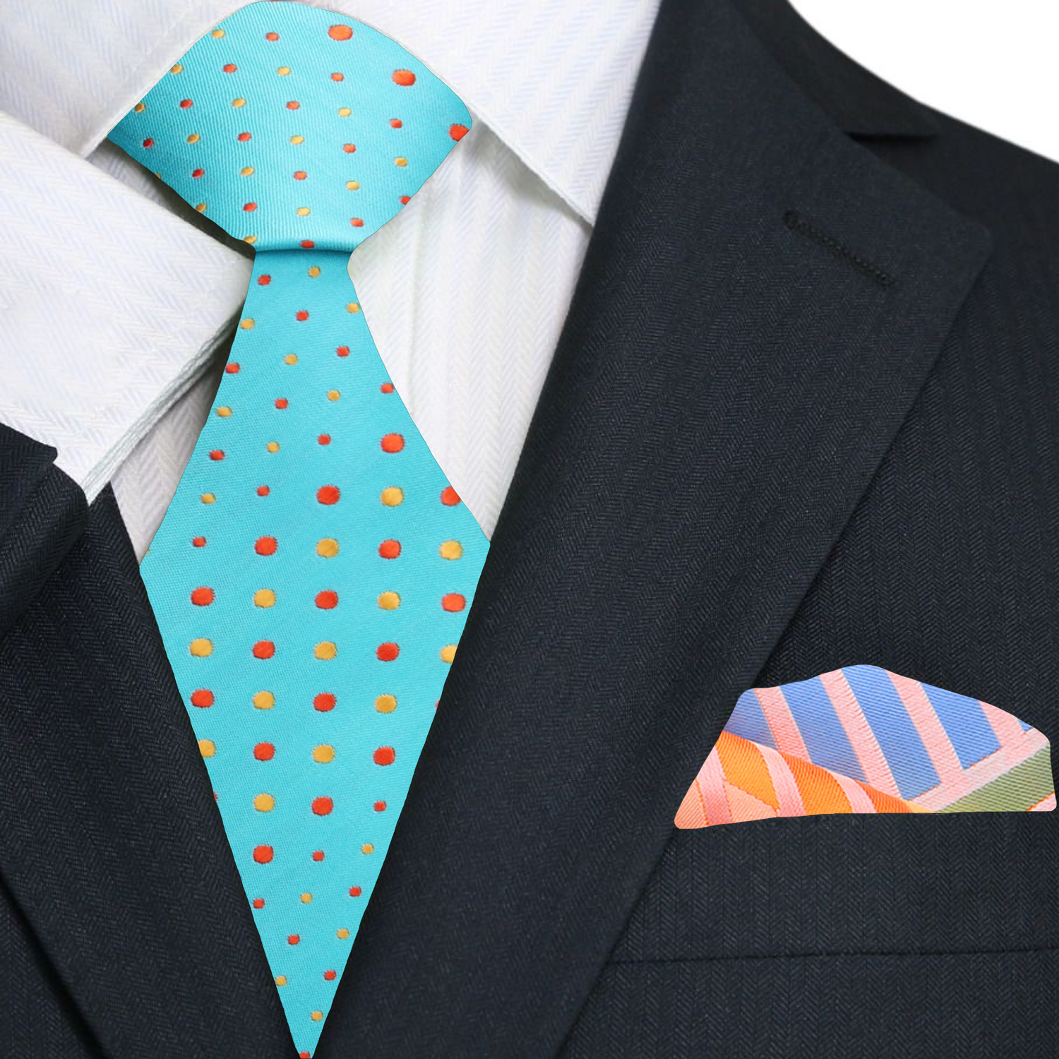 Silk polka dot necktie with pocket square set in white and black for formal events