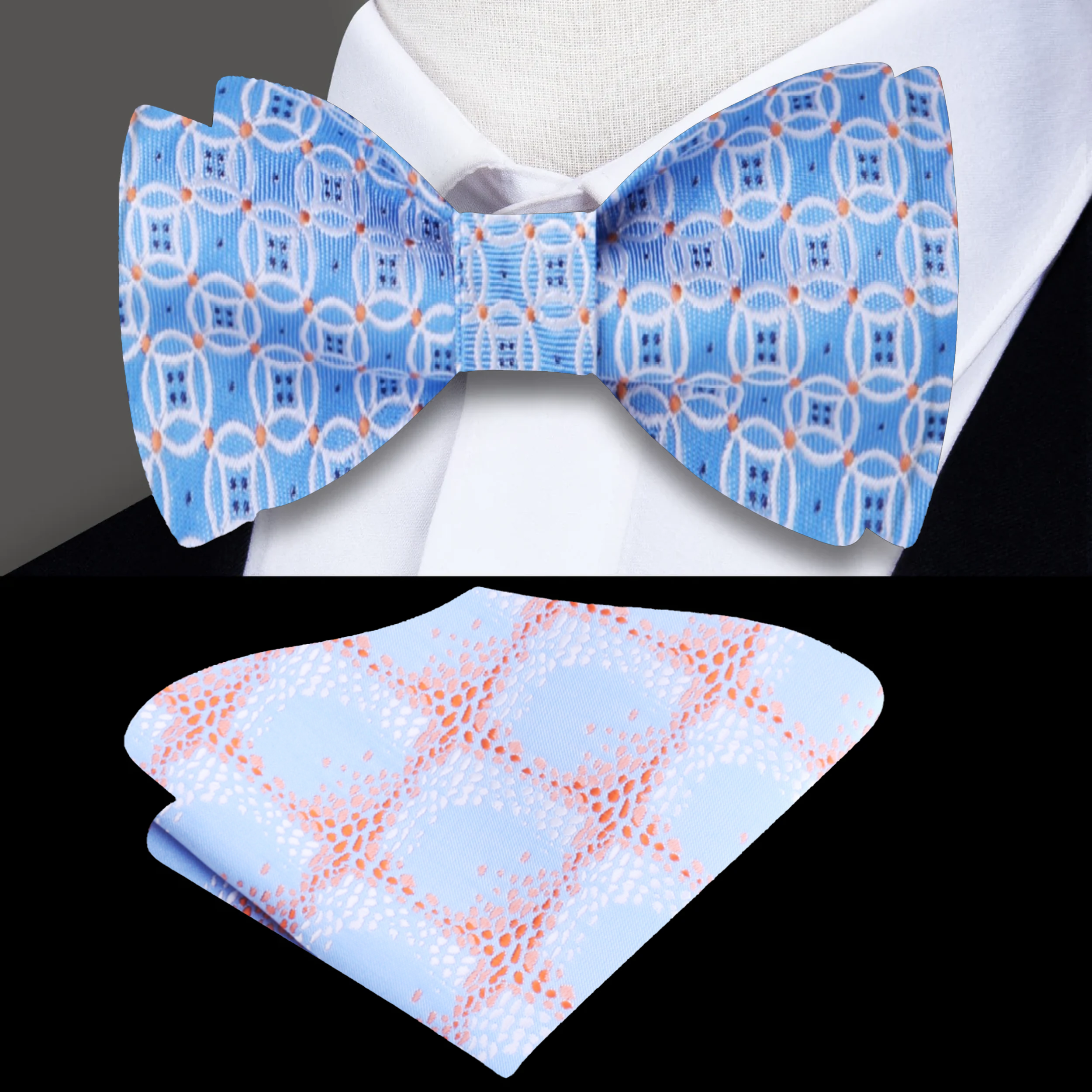 Front view of the geometric self-tie silk bow tie on a mannequin, highlighting the vibrant pattern