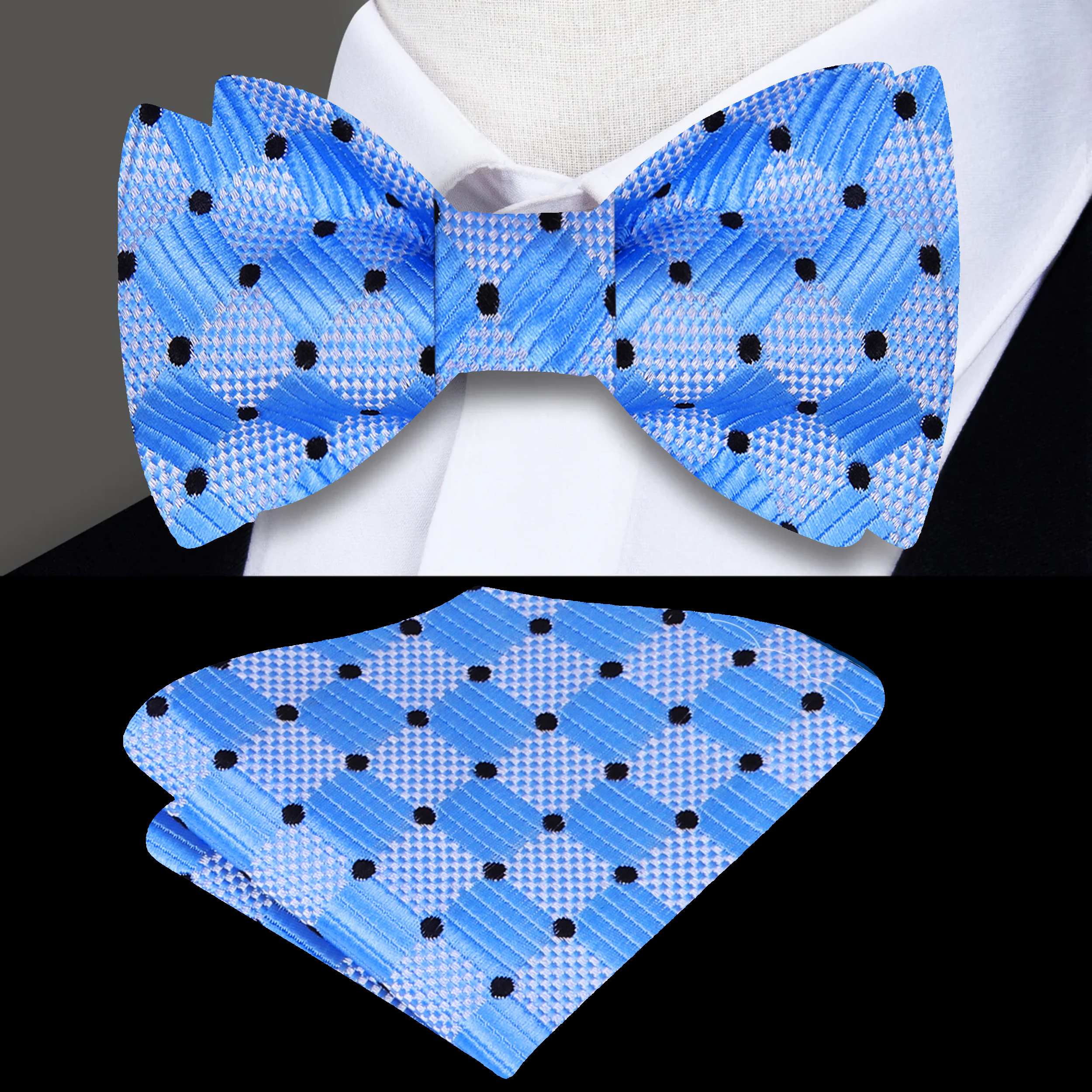 Close-up of kids light blue geometric bow tie on a boy at a wedding