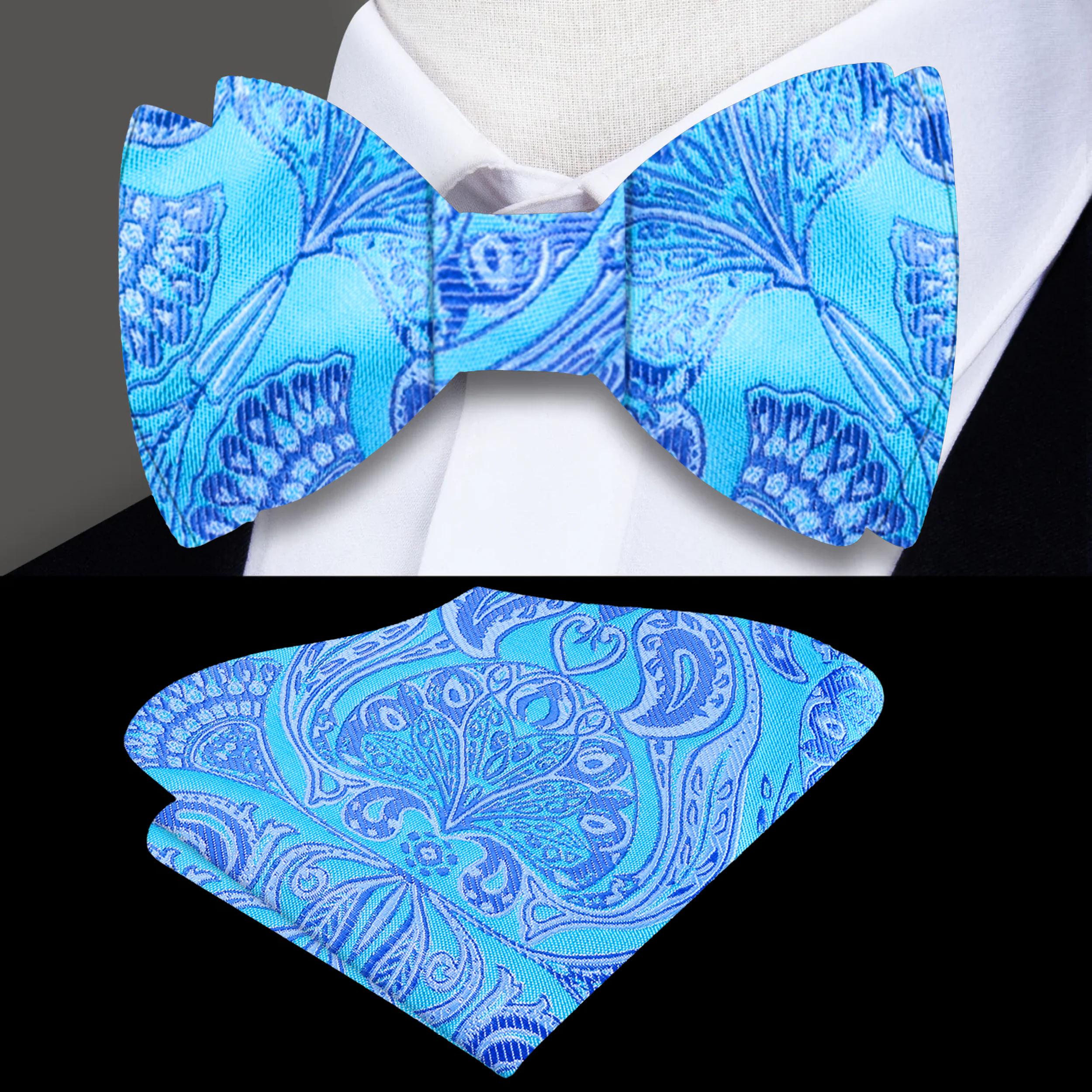 Model wearing self-tie bow tie with matching pocket square at a wedding