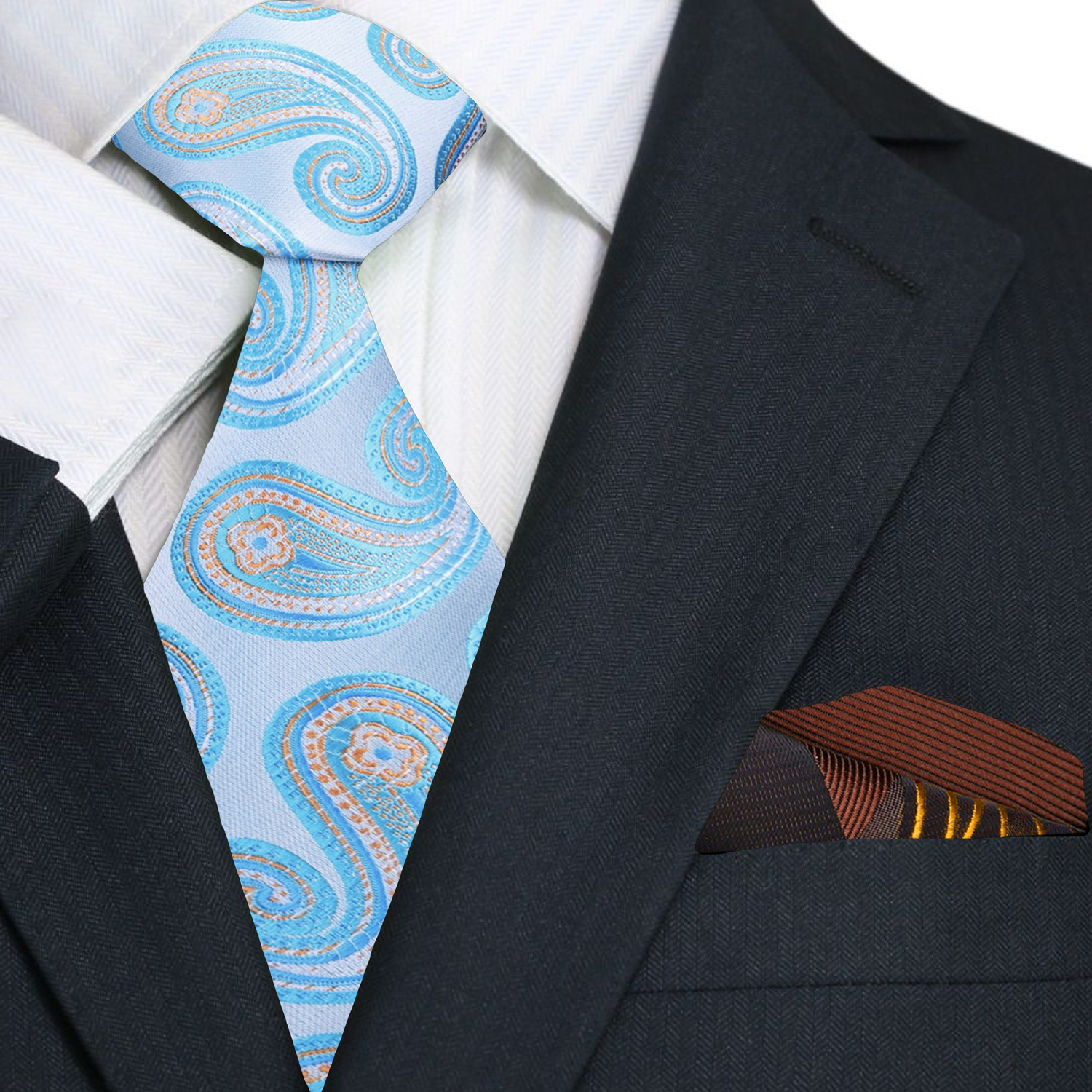 Full outfit shot featuring the aqua paisley tie with pocket square set styled with a navy suit for summer events.