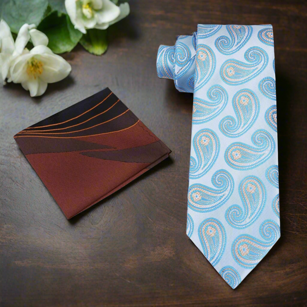 Front view of aqua blue paisley necktie with silk texture, ideal wedding tie for sunny celebrations.