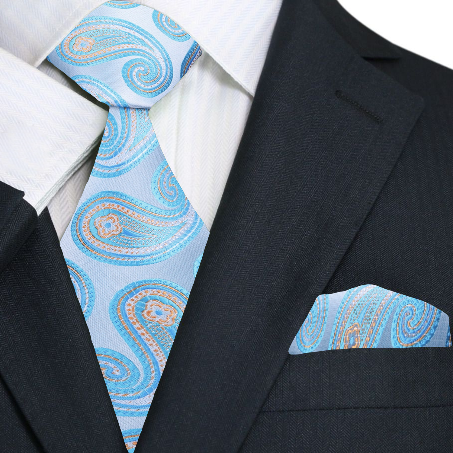Close-up of paisley pattern on aqua tie paired with matching pocket square—perfect formal necktie for garden party attire.