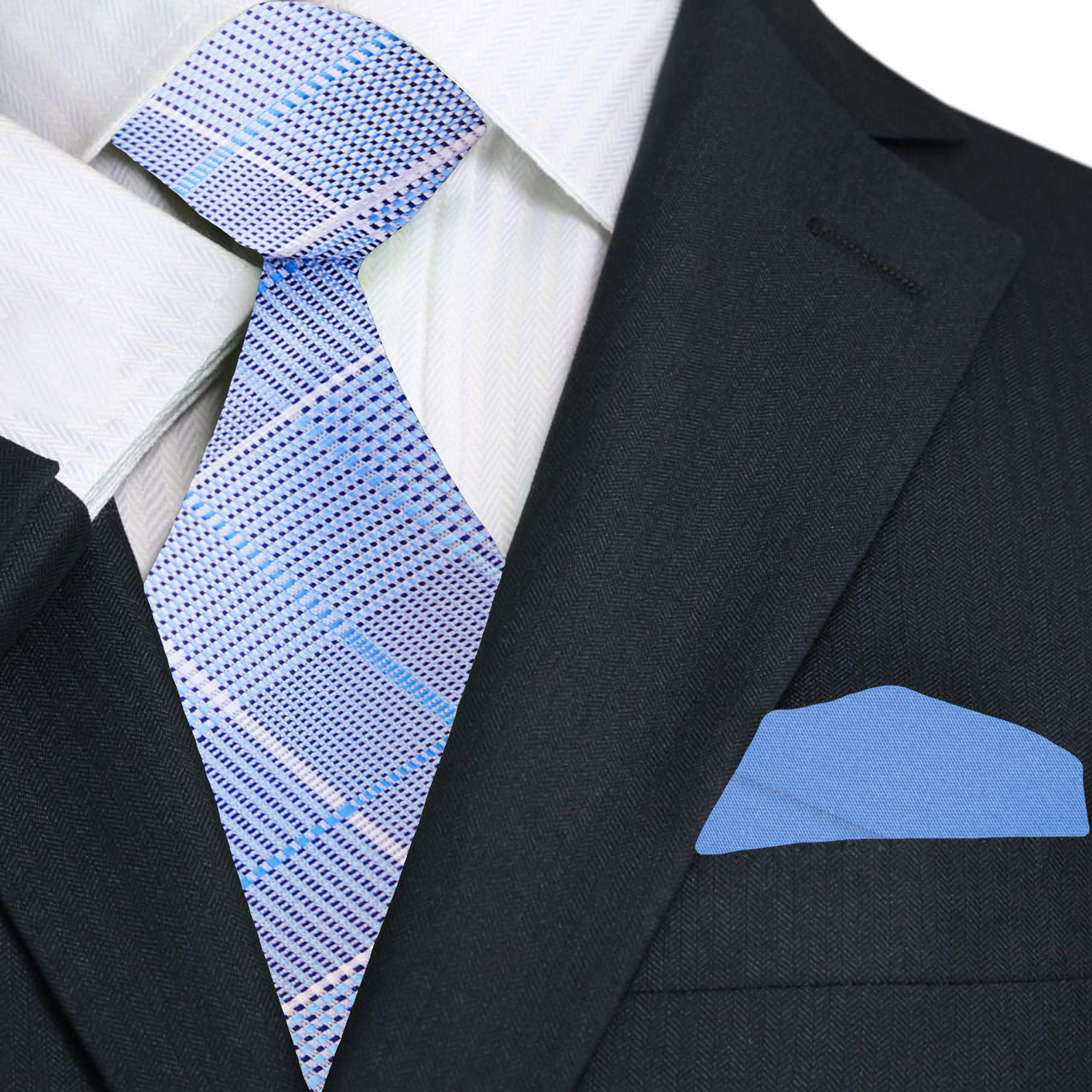 Man wearing stylish mens ties for weddings with blue plaid tie and white shirt