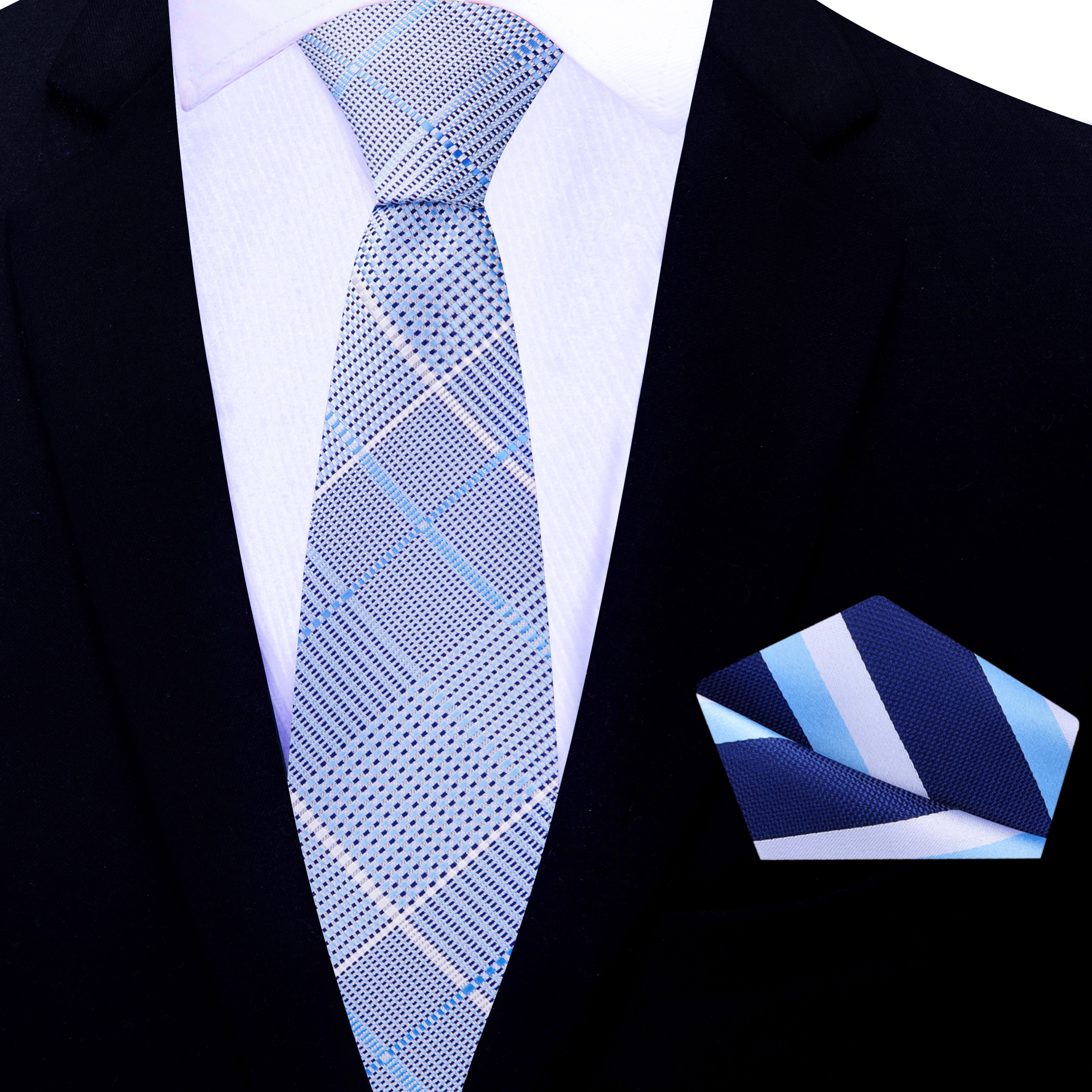 Blue necktie styled with navy suit for professional or wedding outfit