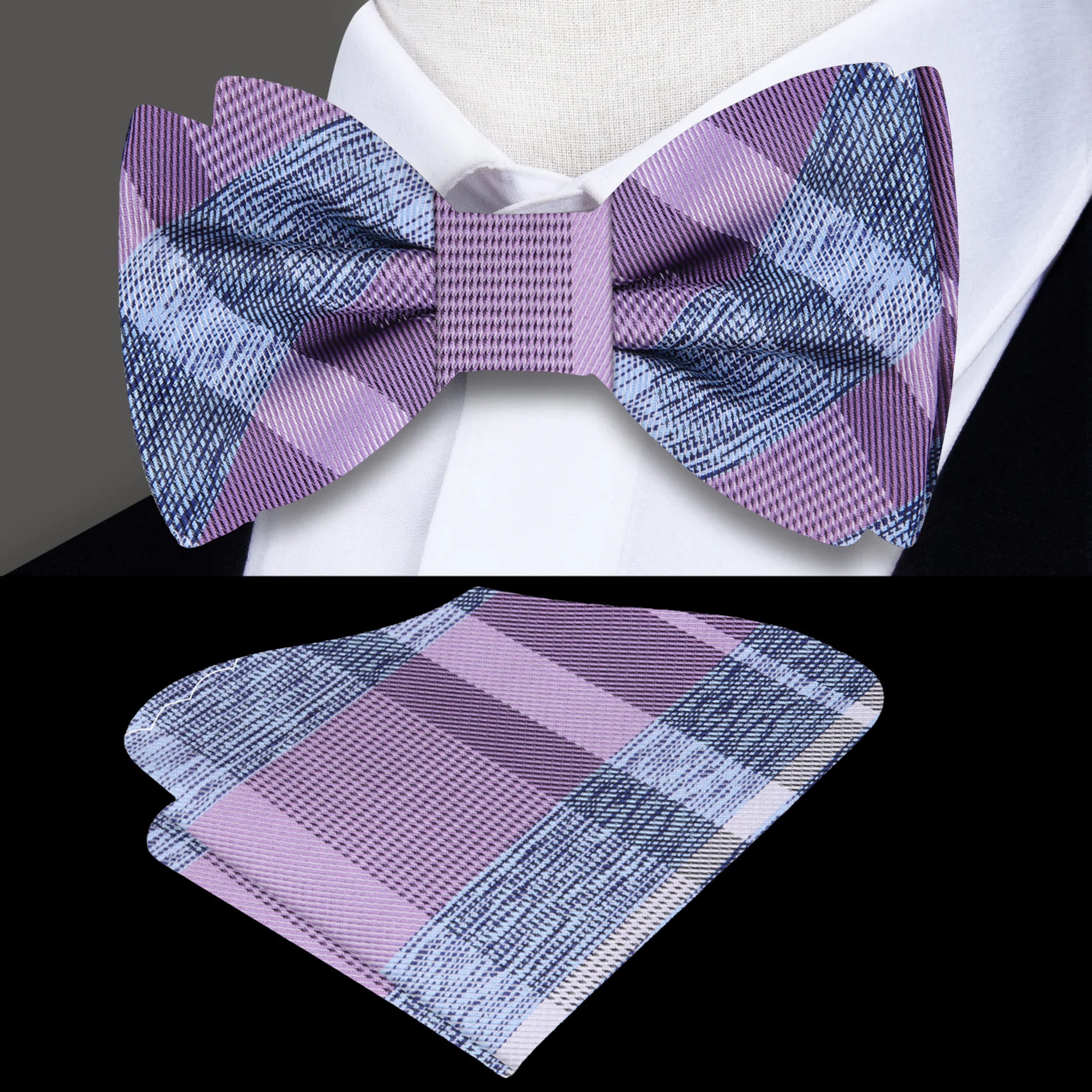 Close-up of light blue plaid silk bow tie with intricate pattern