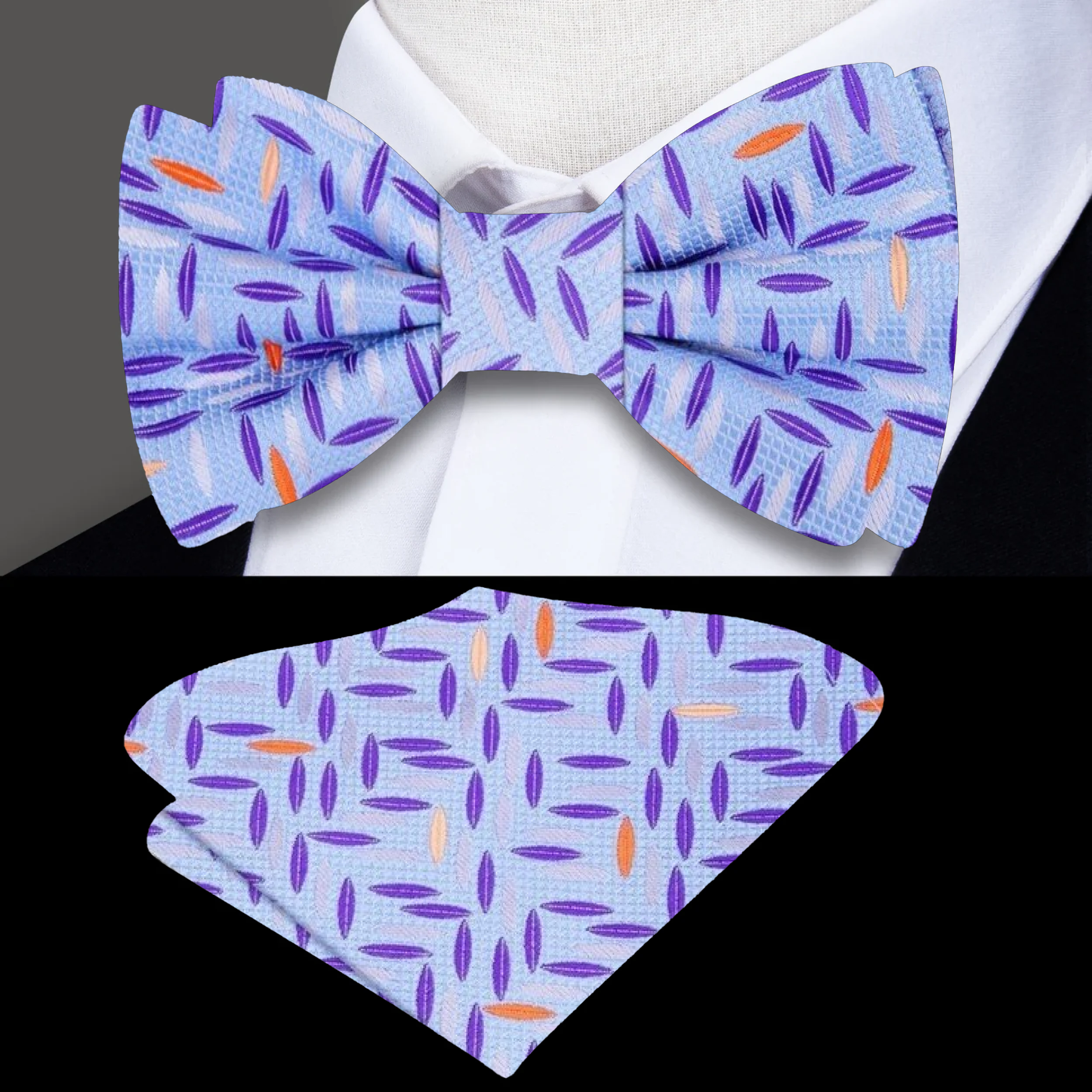 Close-up of the textured rice pattern on a silk bow tie for parties
