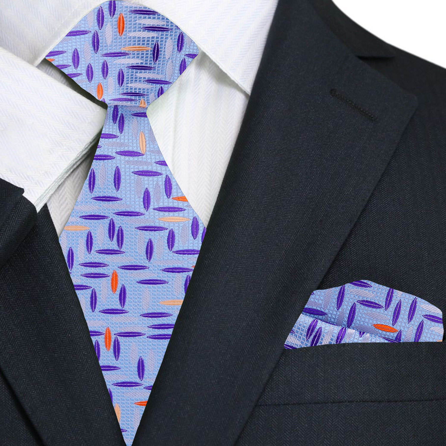 Elegant light blue silk necktie with subtle rice pattern in purple and orange, showcasing its vibrant texture.