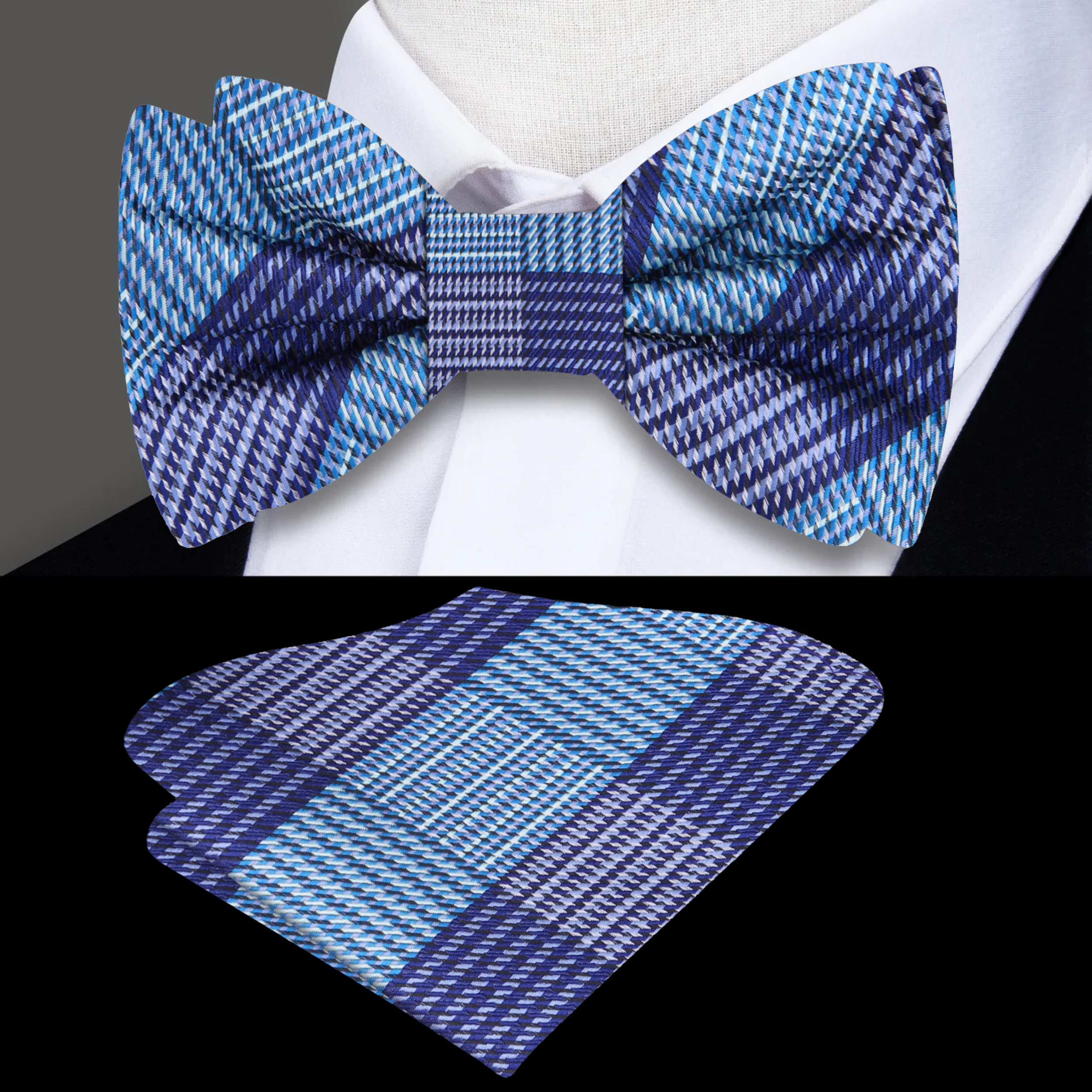 Flat lay of bow tie and matching pocket square set, highlighting plaid pattern and silk texture