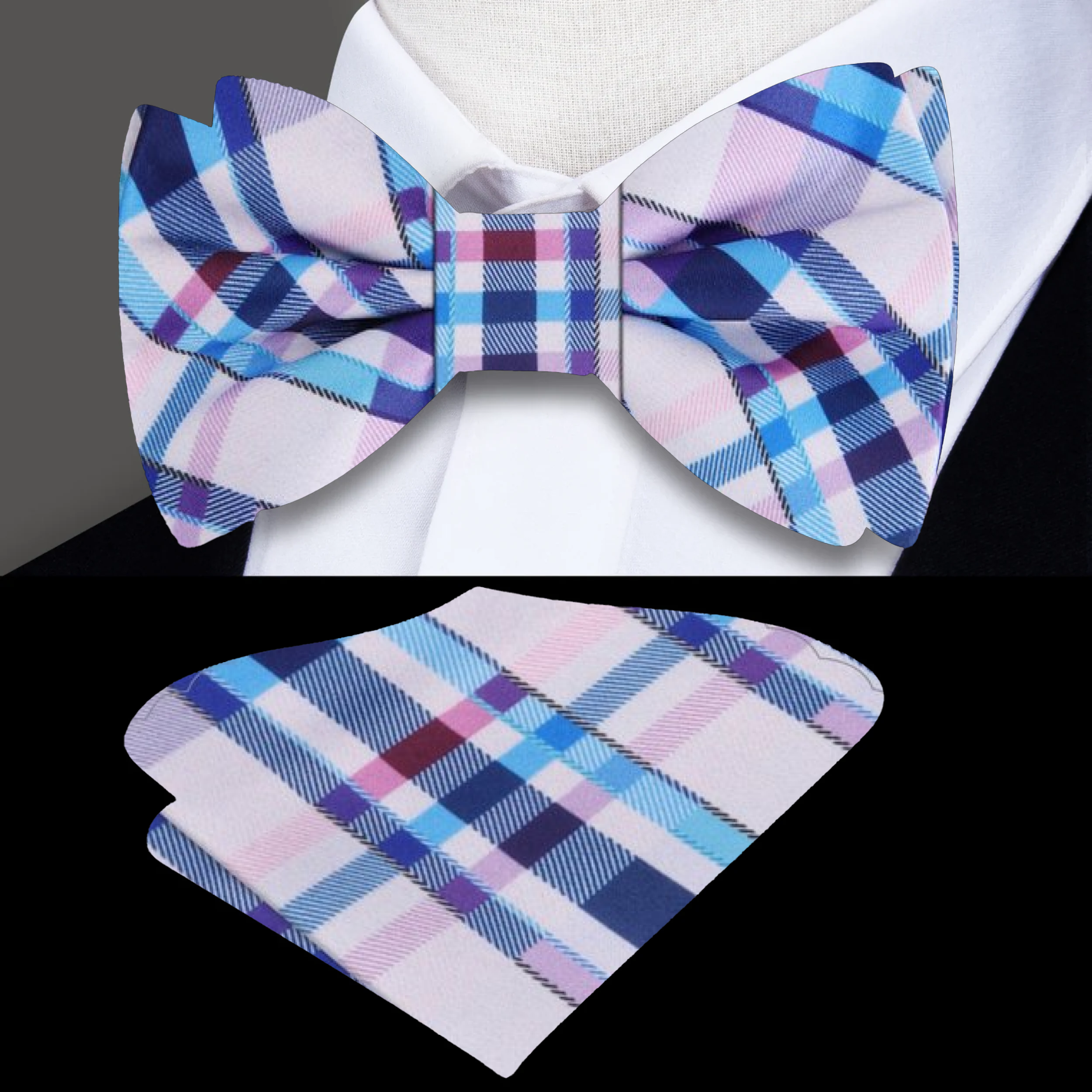 Close-up of the charming plaid bow tie highlighting the intricate 100% silk fabric.