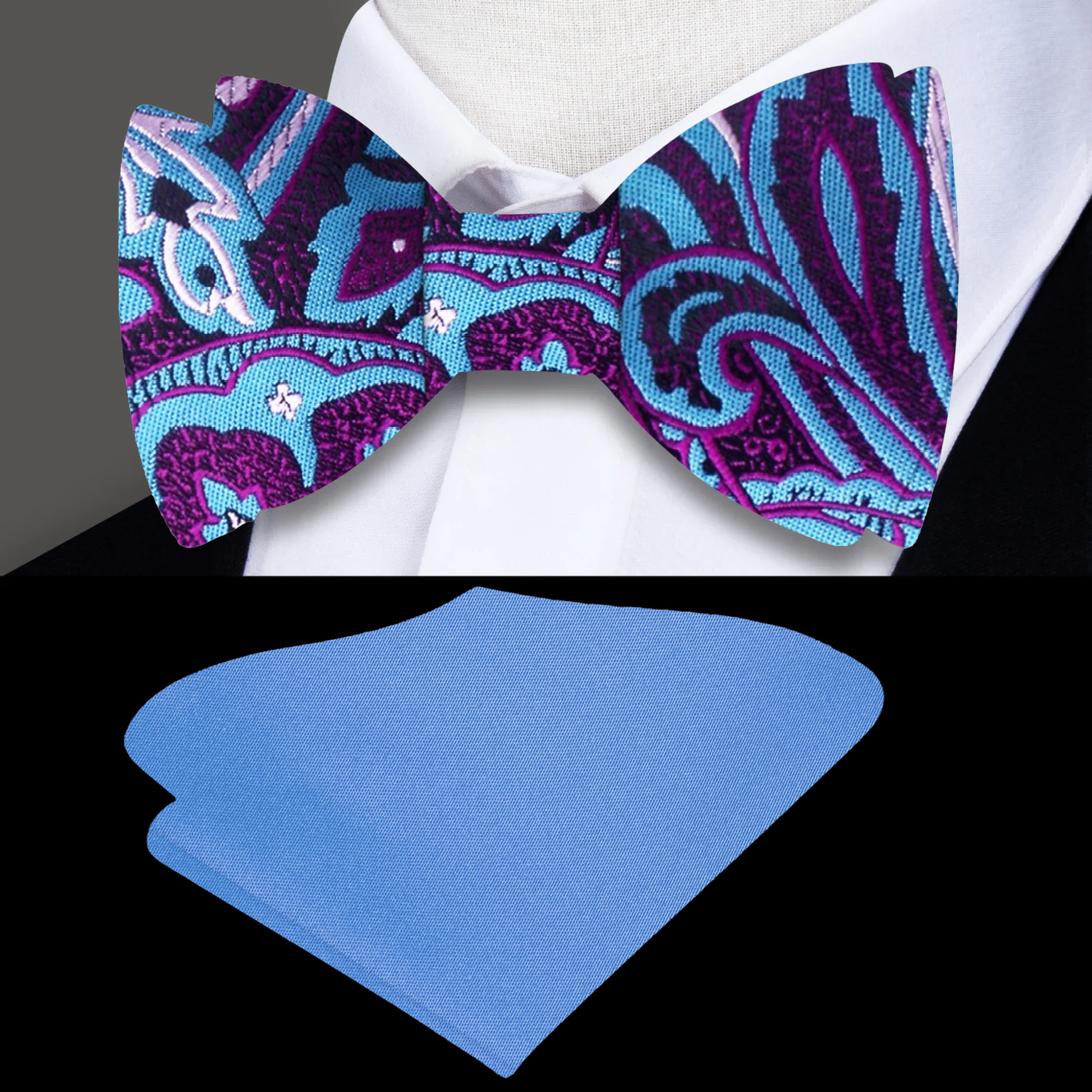 Man wearing self-tie silk bow tie with matching pocket square at wedding