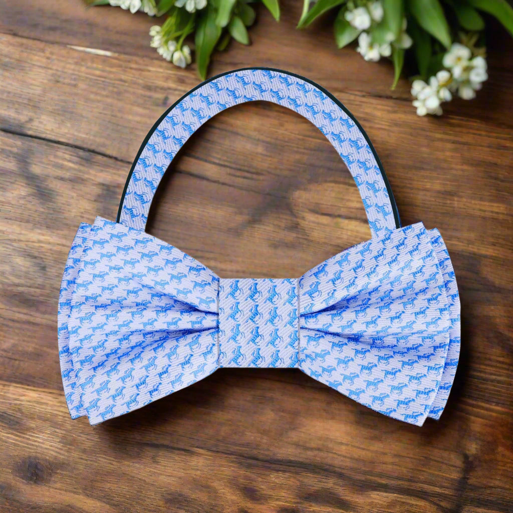 Mens silk bow tie with race horse pattern, ideal for weddings and formal events