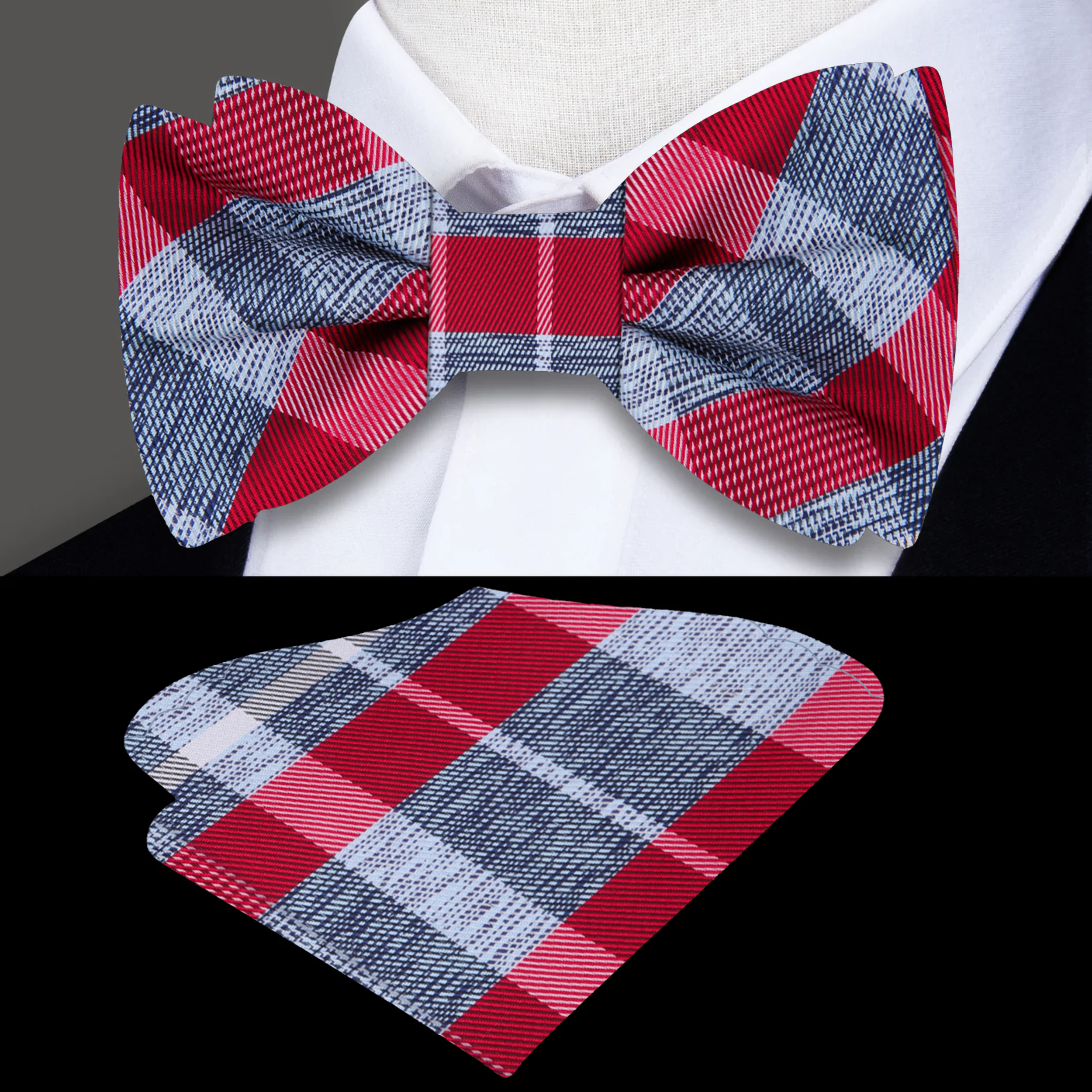 Close-up of light blue plaid silk bow tie with intricate pattern