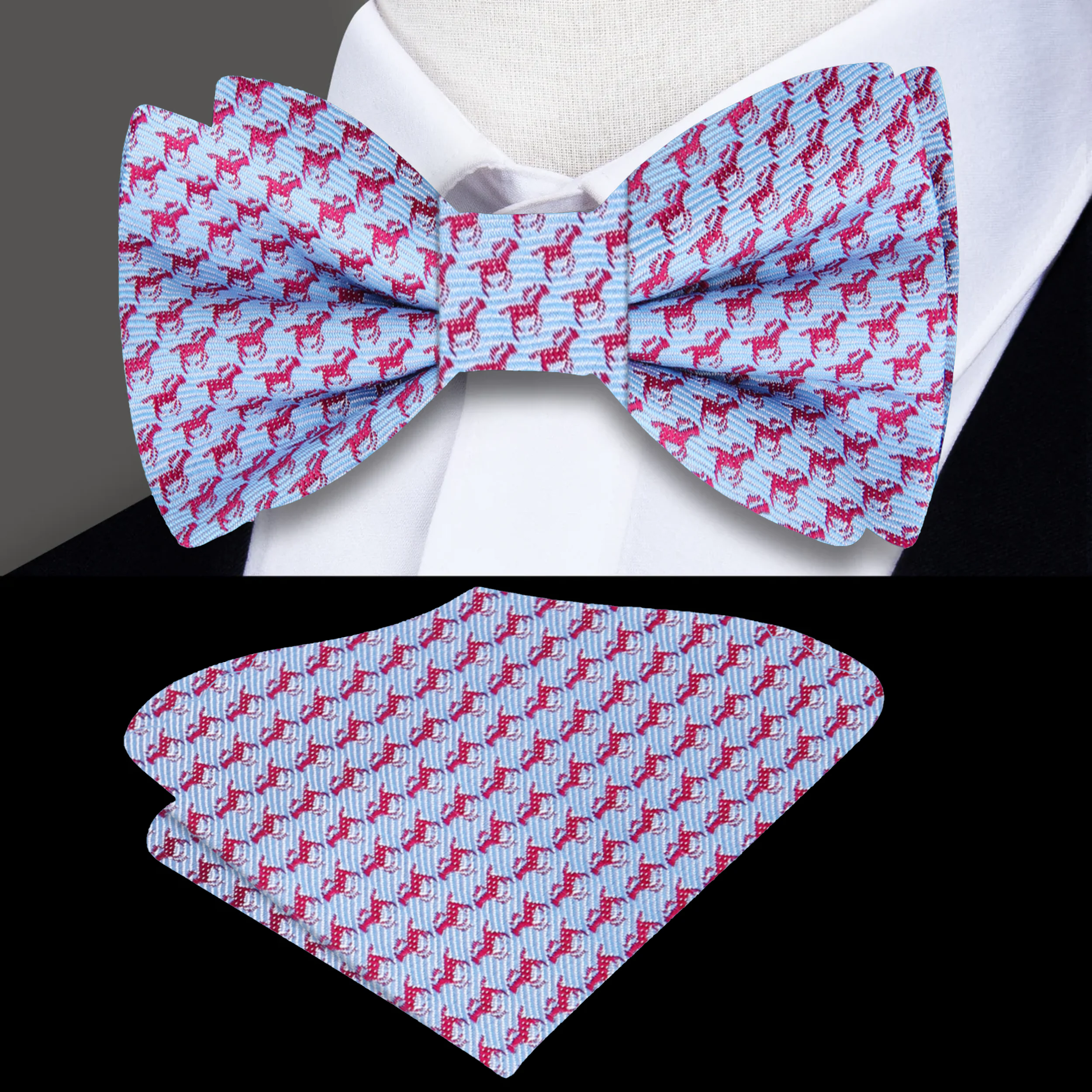 Men's silk bow tie with race horse pattern, ideal for weddings and formal events