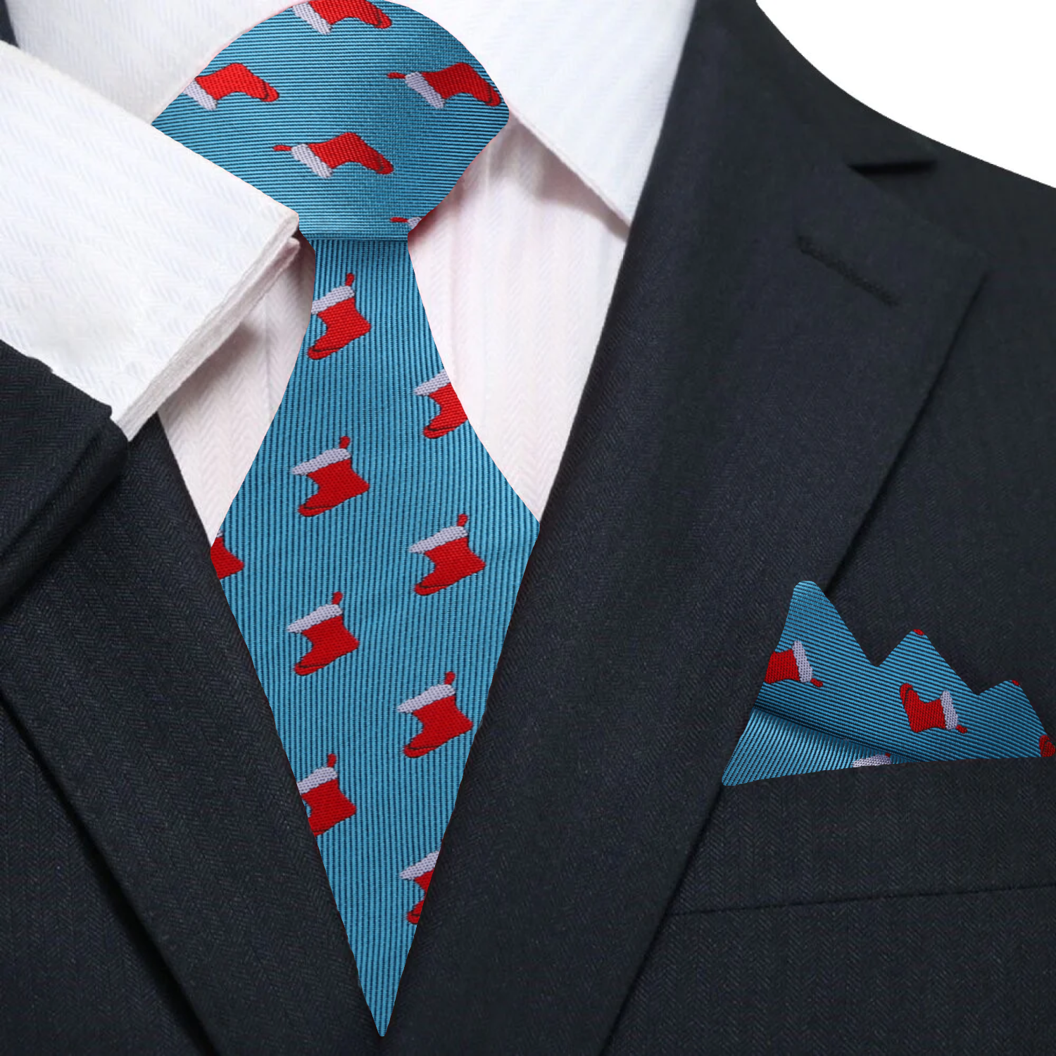 Close-up of Christmas stockings necktie with vibrant colors.