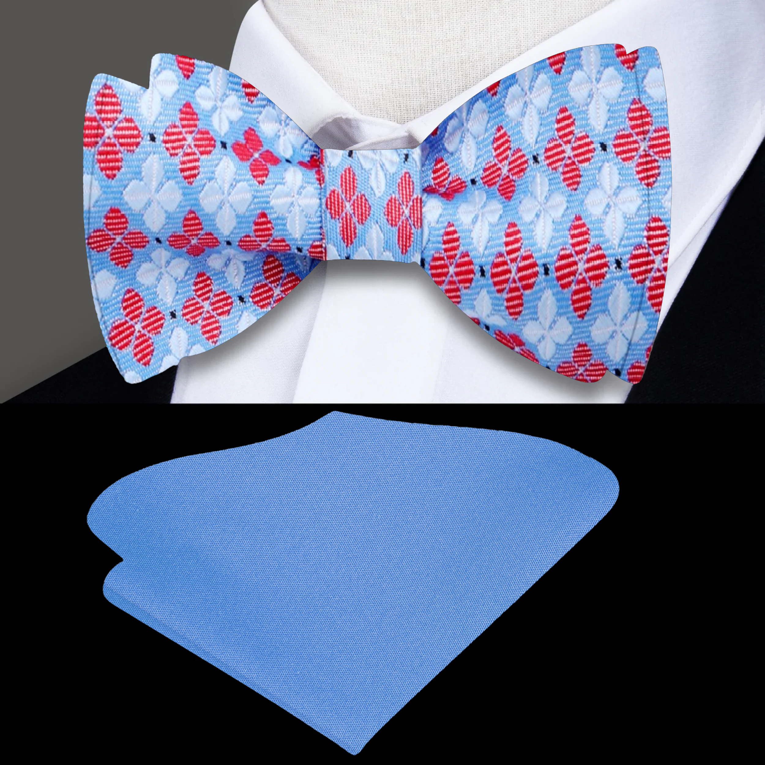Model wearing self-tie floral bow tie with matching pocket square for formal event