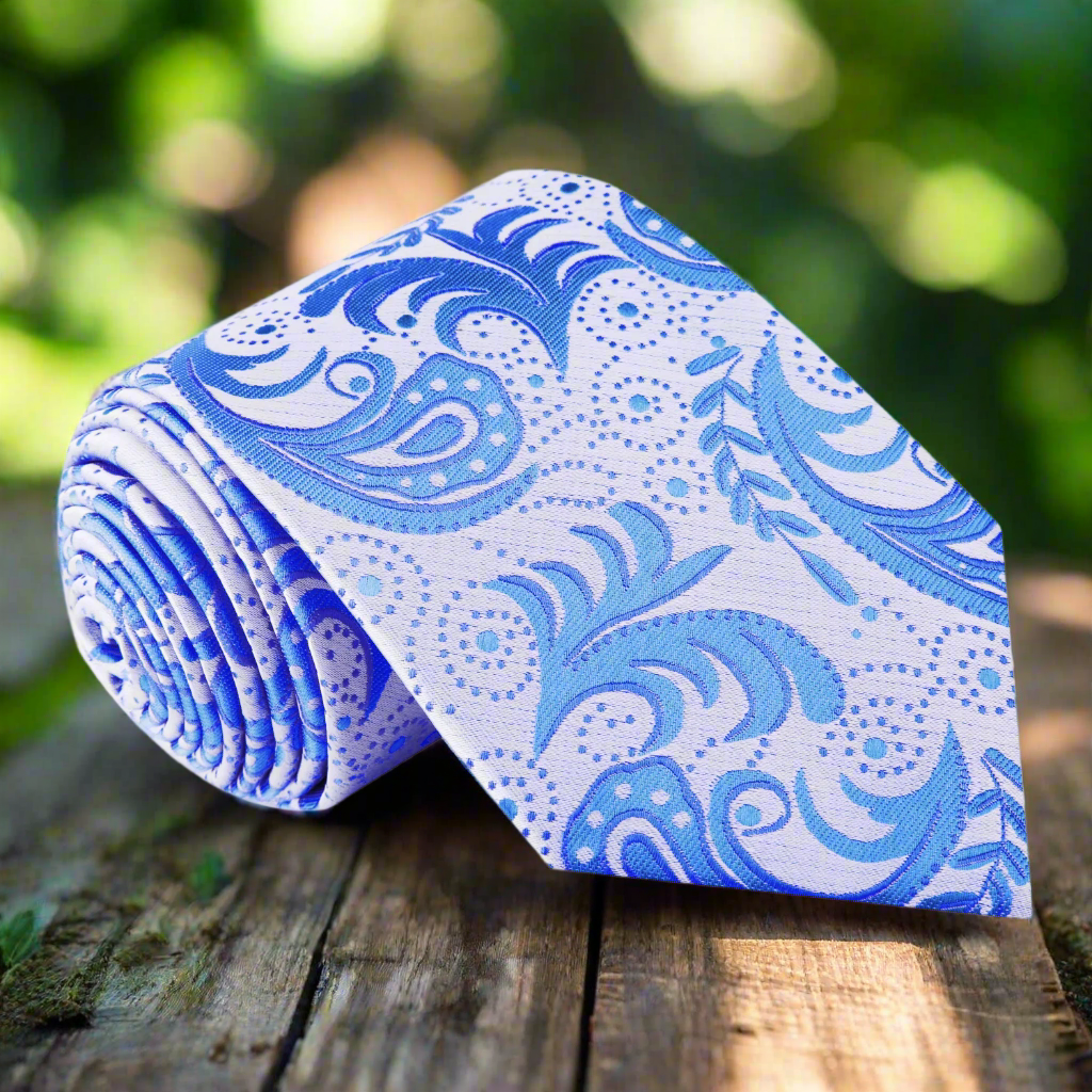 Close-up of Crescent XL silk necktie with paisley pattern, highlighting intricate floral details