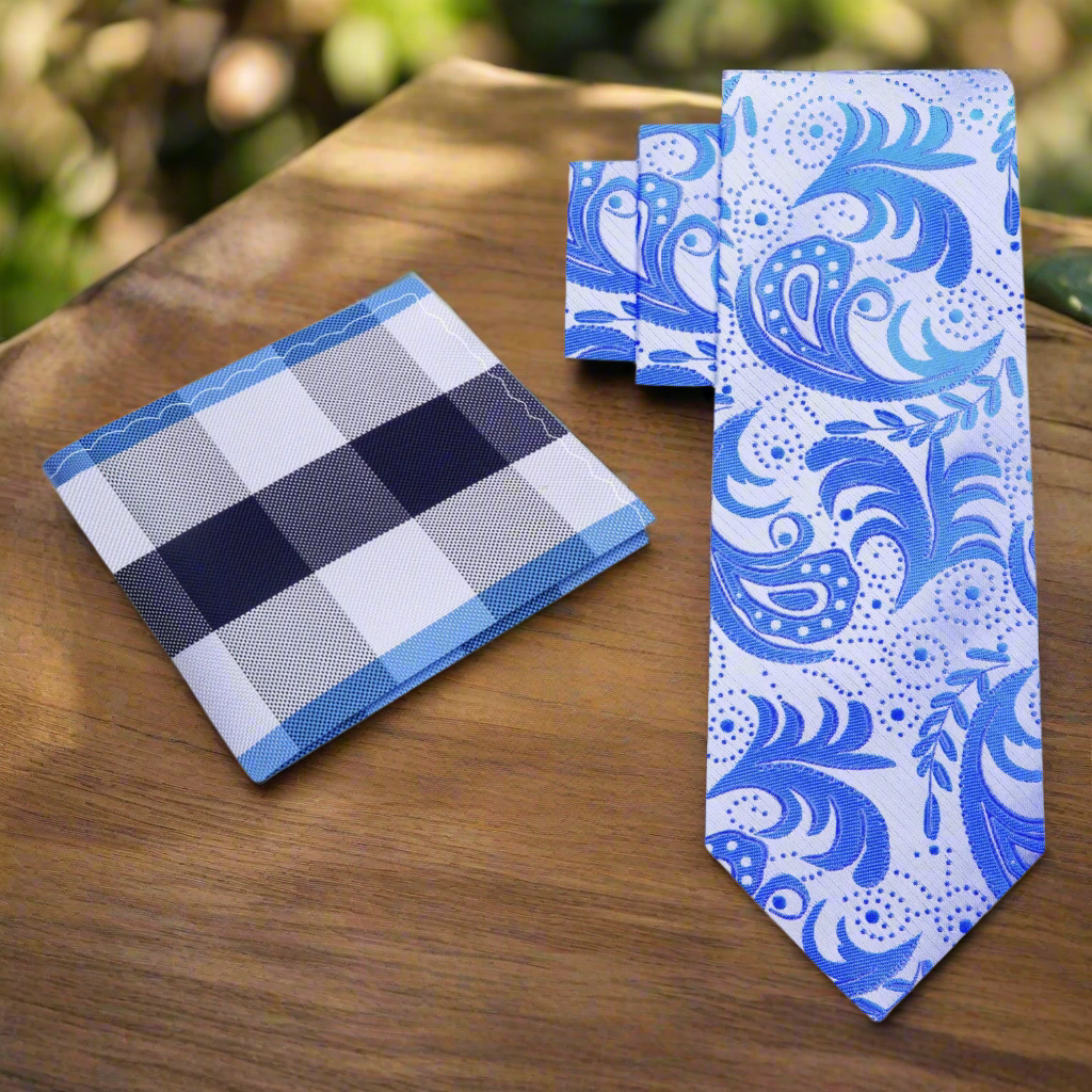 Flat lay of the silk necktie and matching pocket square, emphasizing color and fabric quality