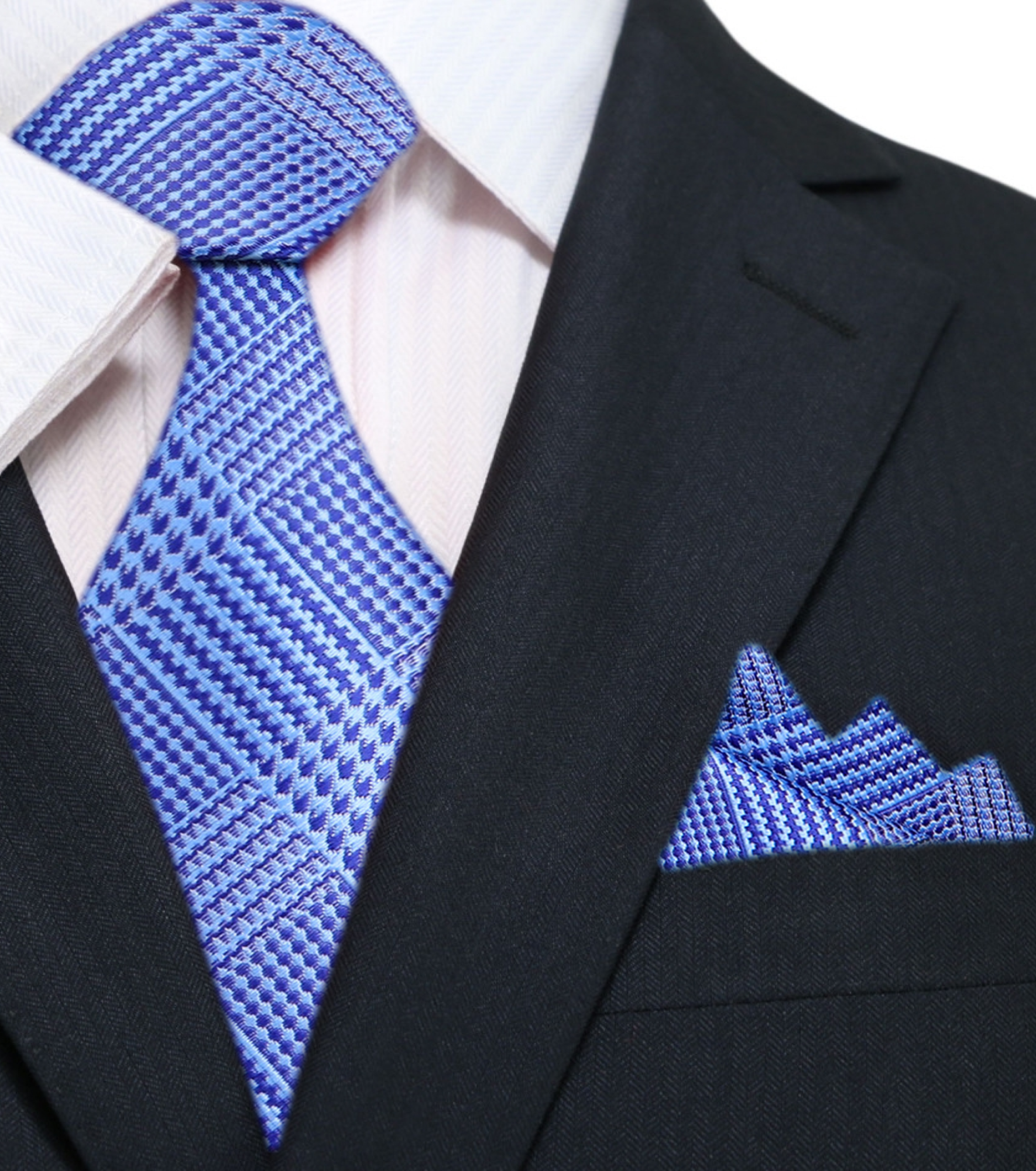 Mens silk necktie with plaid and houndstooth patterns in shades of blue, ideal for weddings and business events
