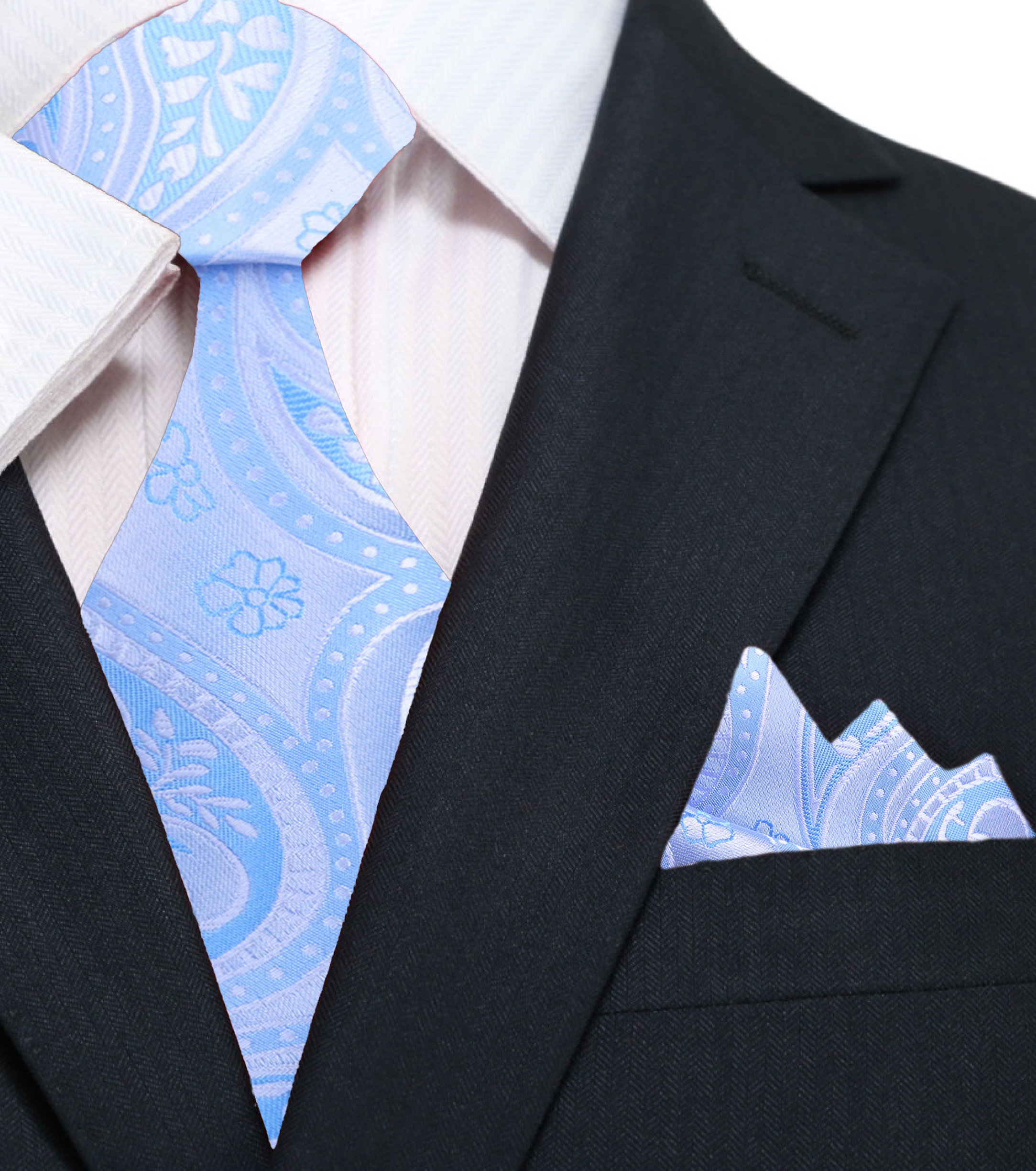Light blue paisley necktie styled with a light grey suit, showcasing a sophisticated ensemble.