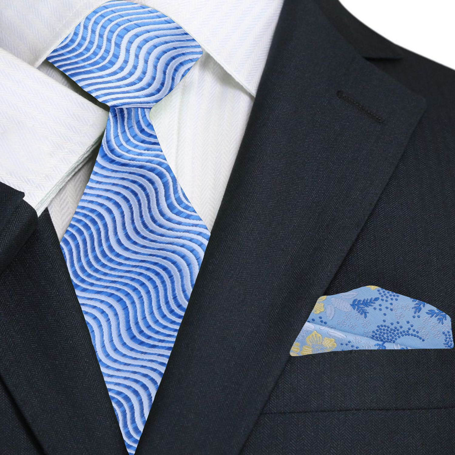 Close-up of a customizable slim silk necktie in shades of blue, versatile for any occasion