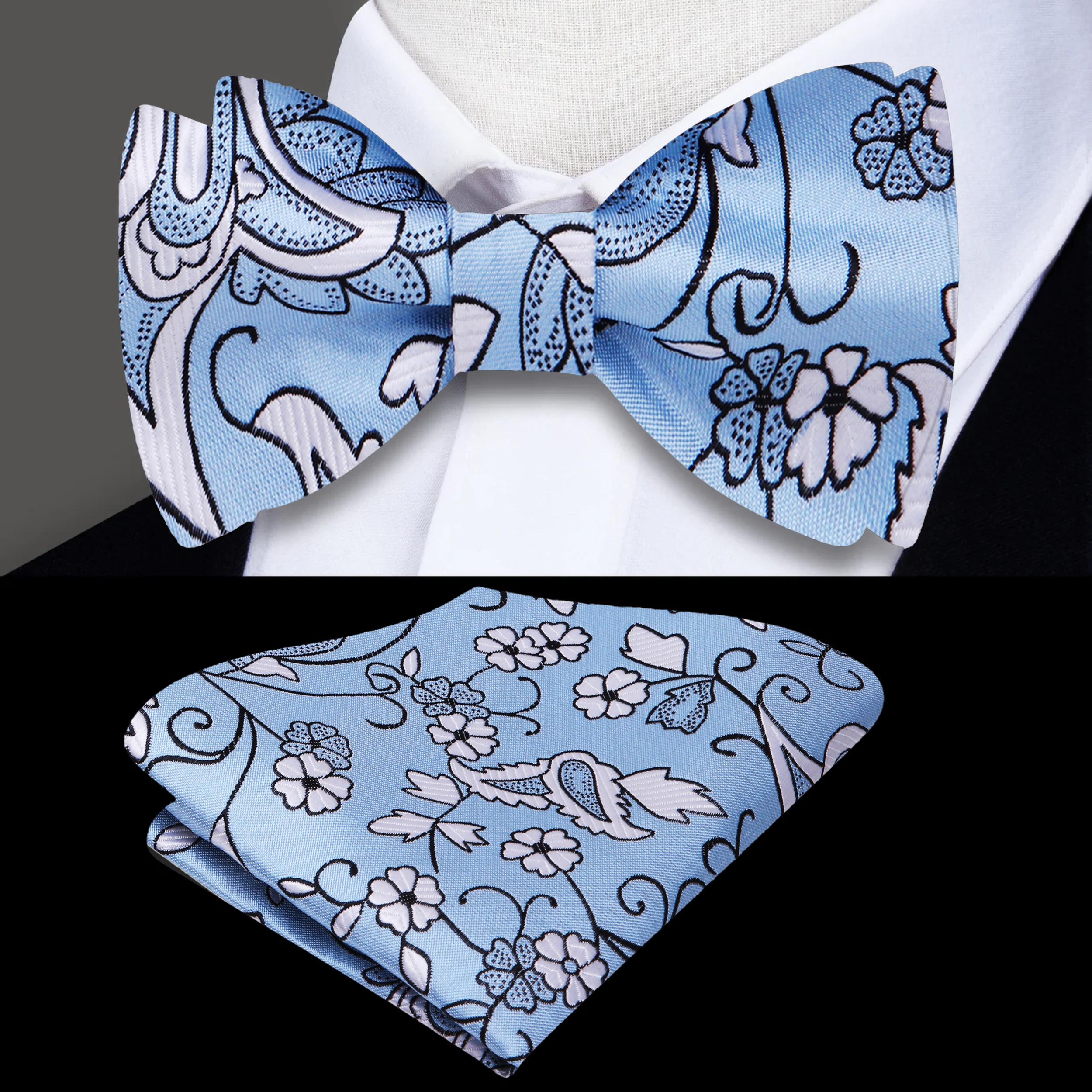 Model wearing a blue paisley silk bow tie paired with a navy suit