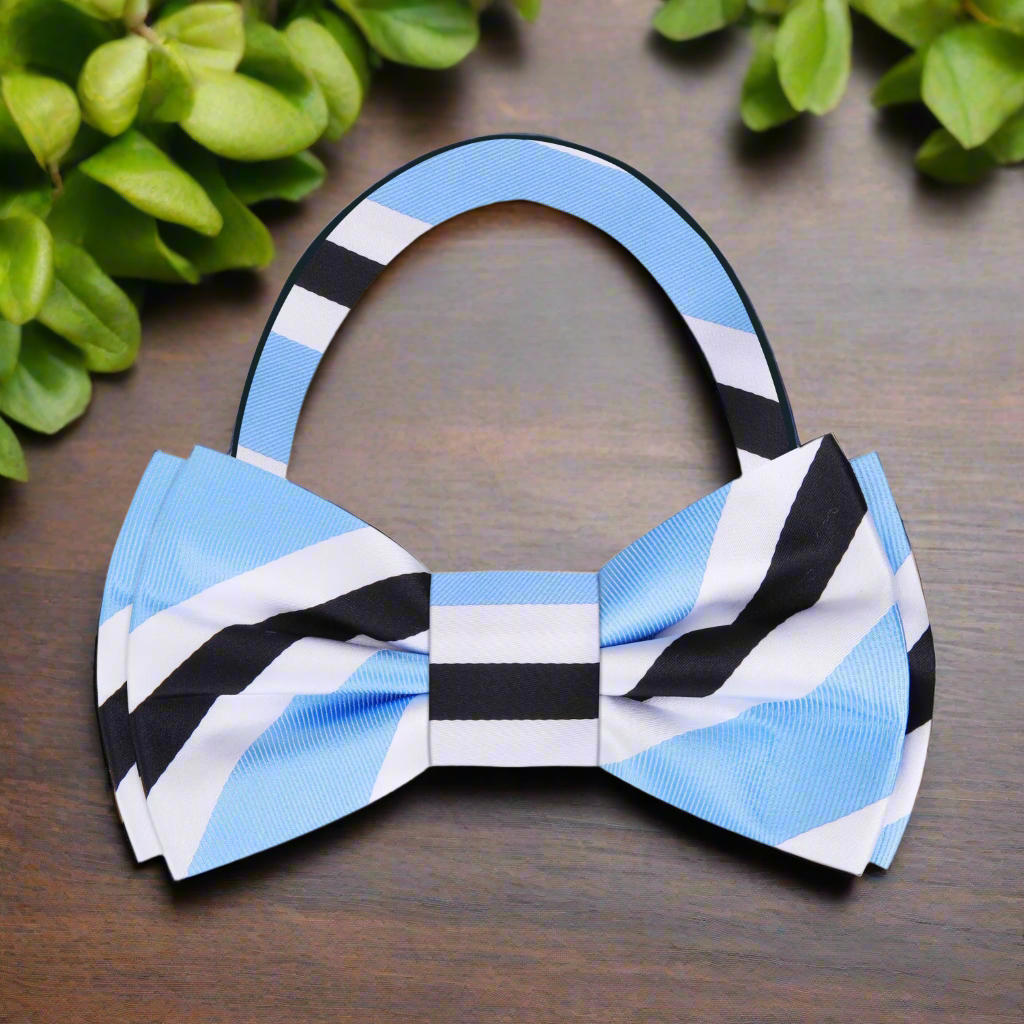 Close-up of the pre-tied silk bow tie with stripes, highlighting the quality fabric and craftsmanship.