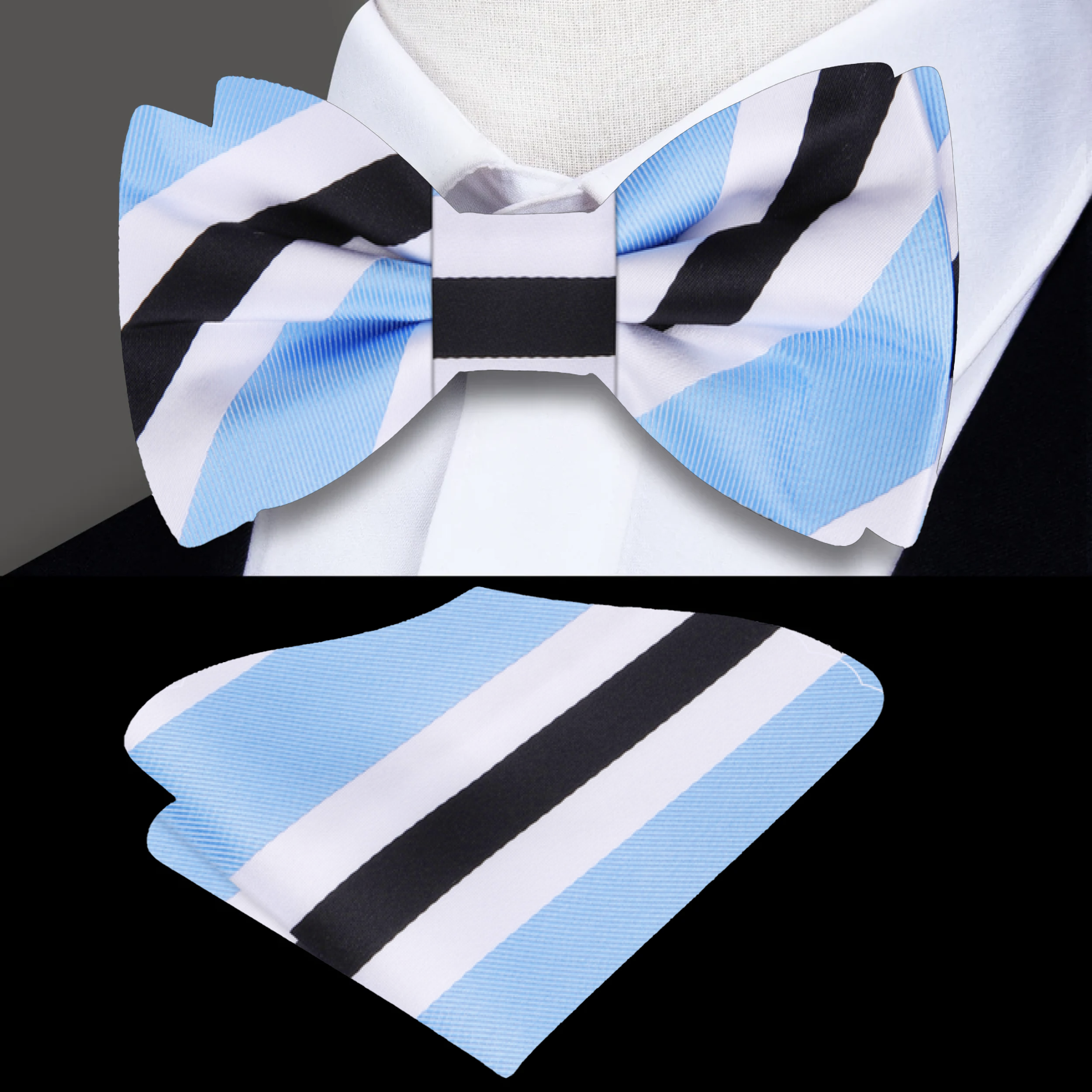 Elegant striped silk bow tie and pocket square set displayed on a tailored suit, showcasing sophistication.