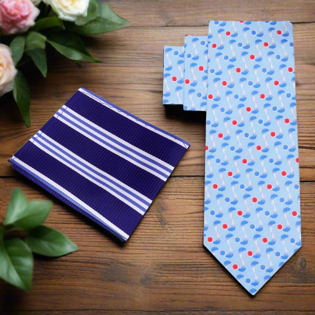 Model wearing the geometric necktie paired with a navy suit at a business meeting.