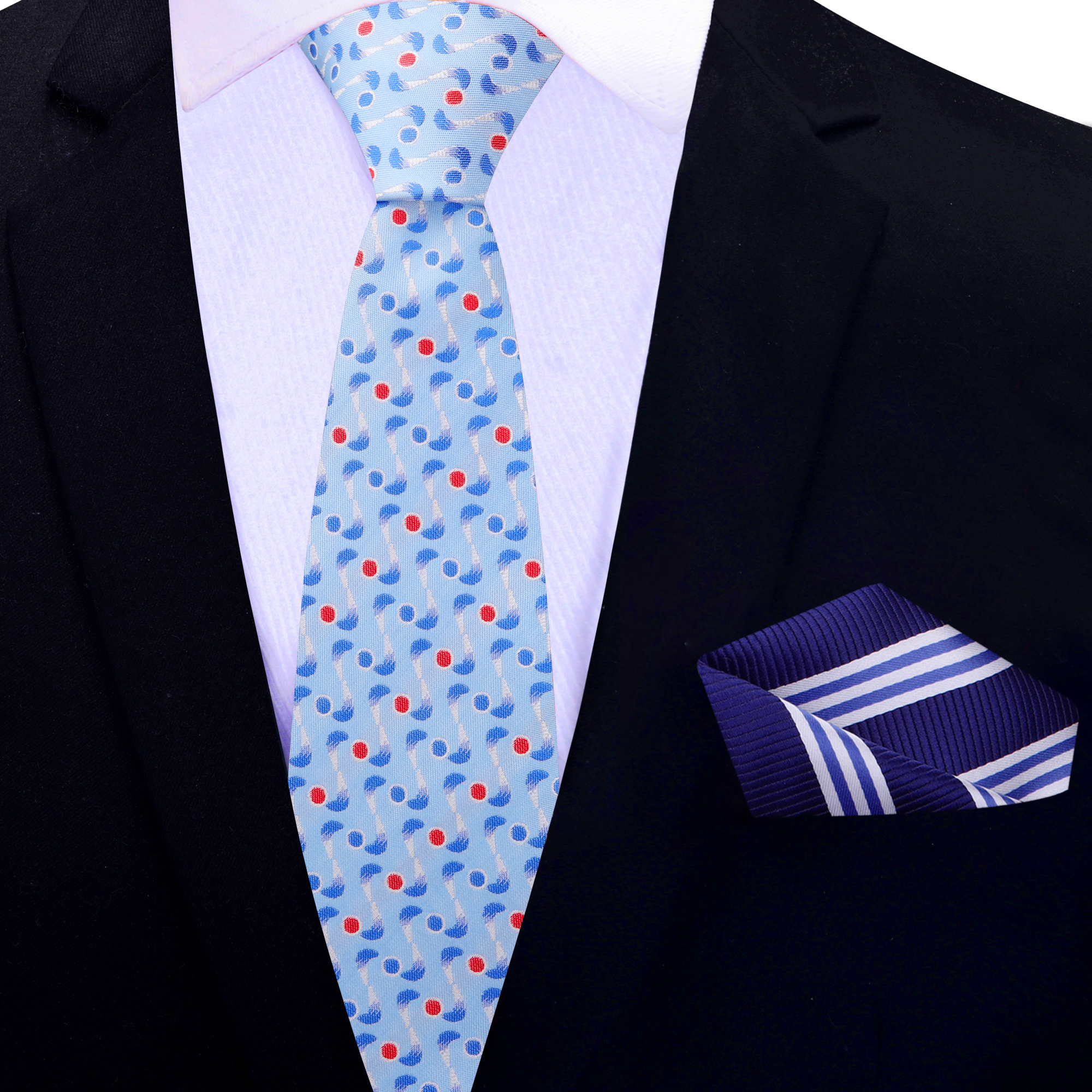 Flat lay of the necktie alongside a pocket square, emphasizing its stylish design.