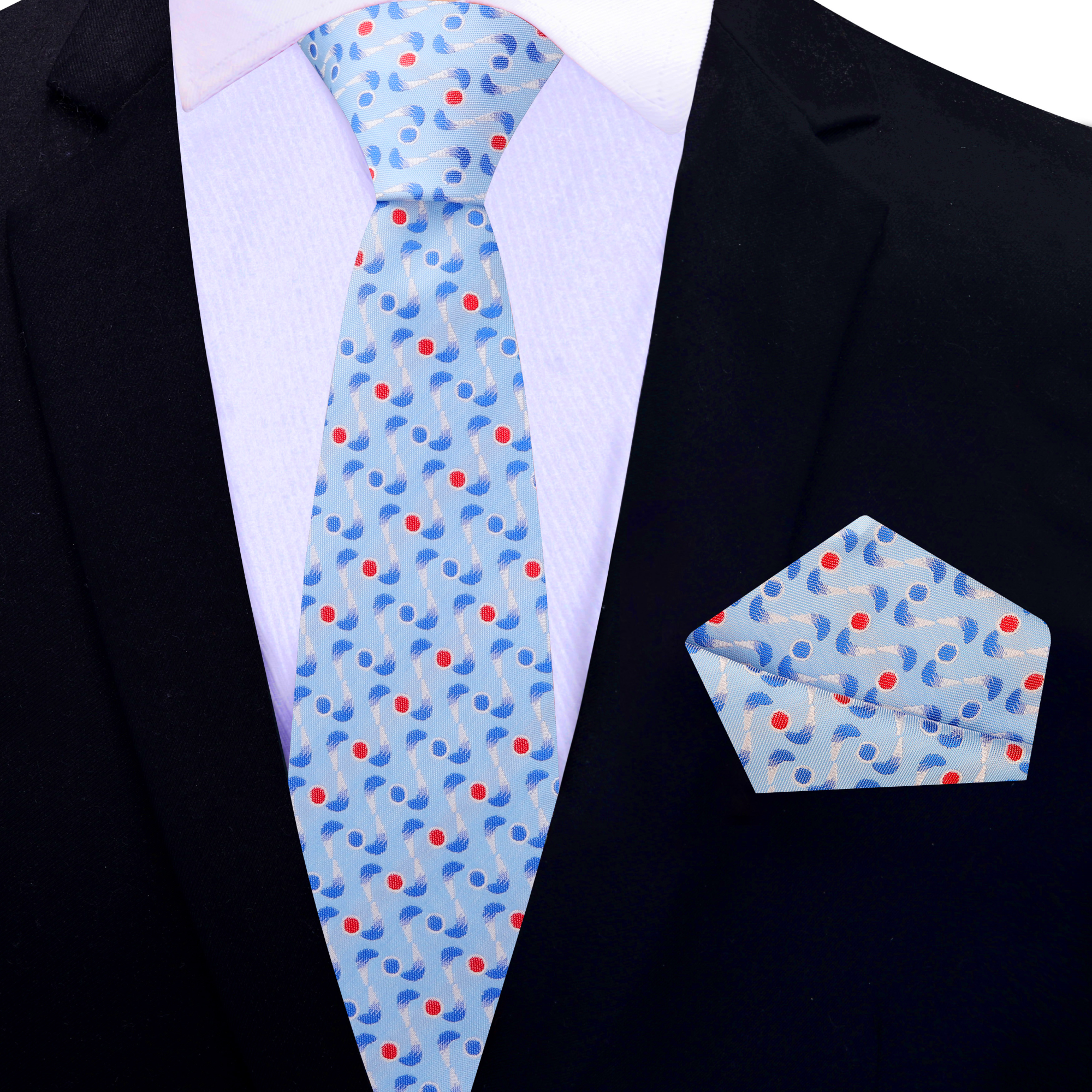 Close-up view of the light blue geometric necktie showcasing its intricate pattern.