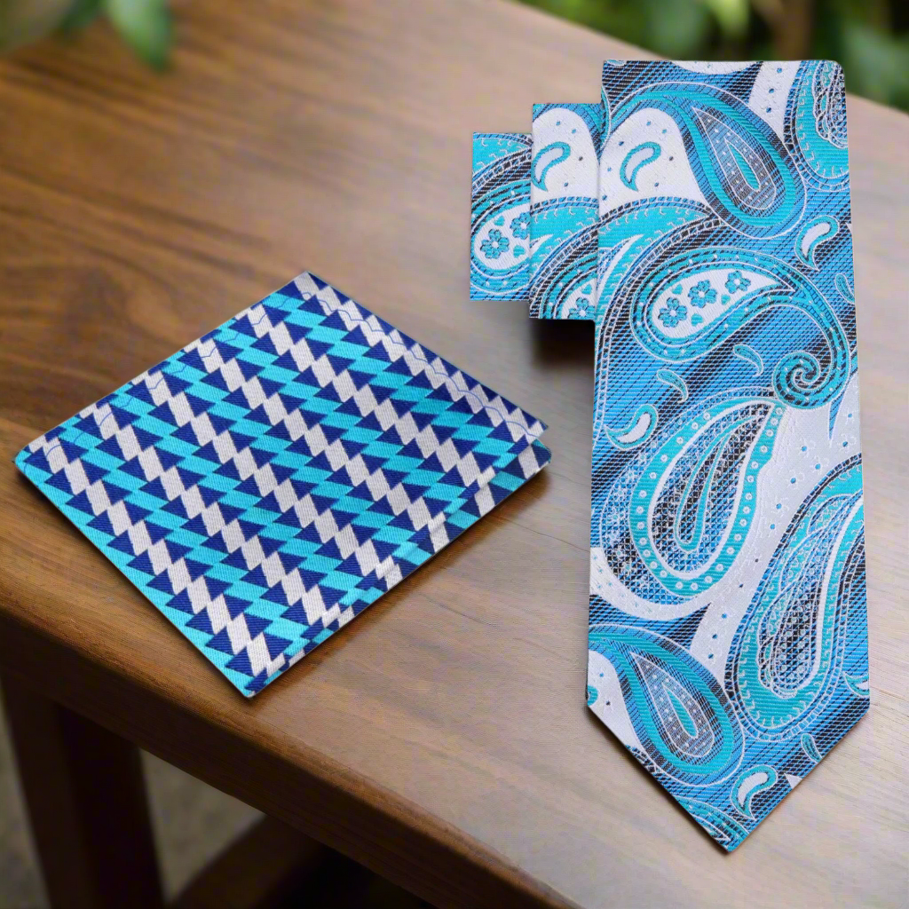 Close-up of the silk paisley necktie with intricate pattern details