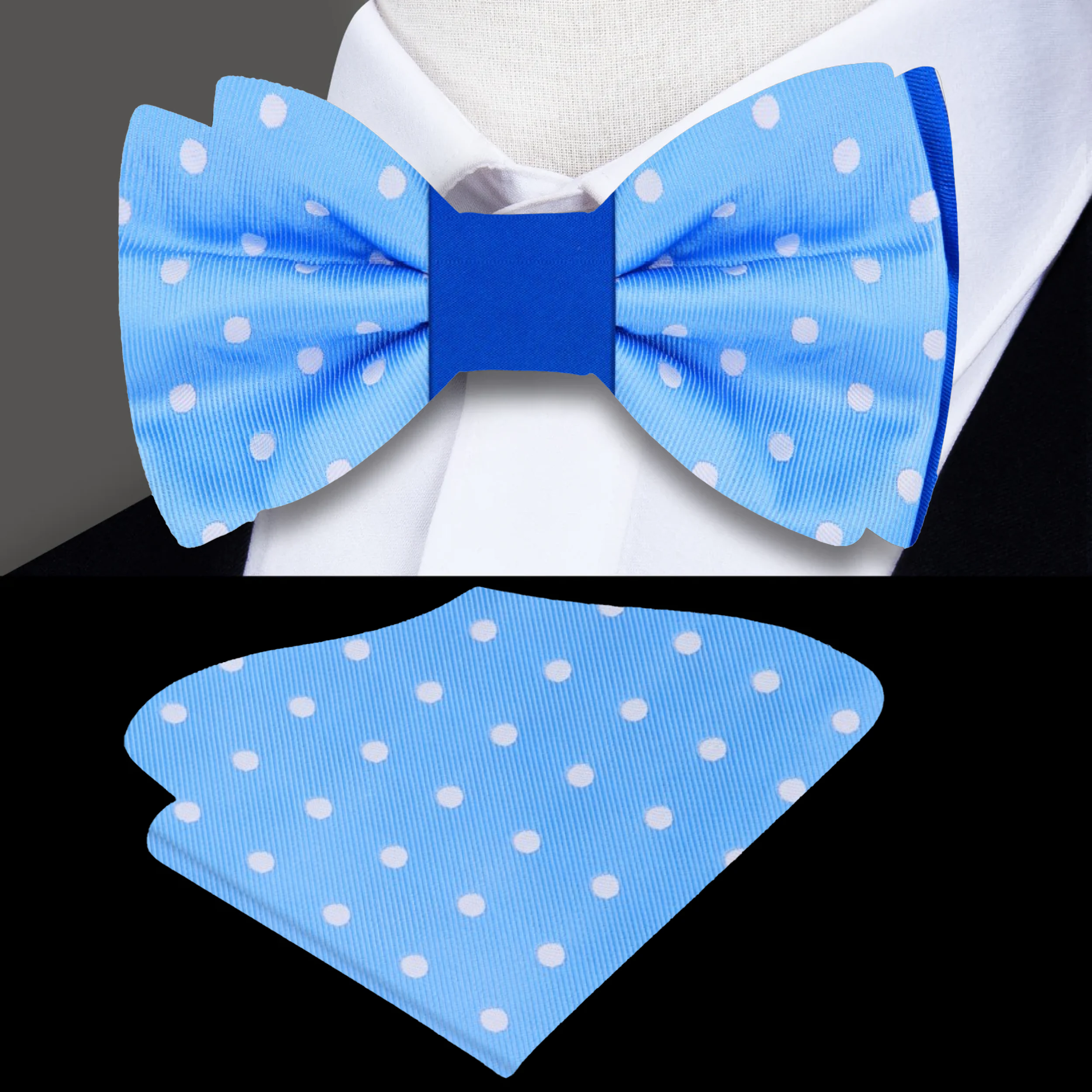 Front view of the reversible silk bow tie showcasing the dual styles and vibrant colors
