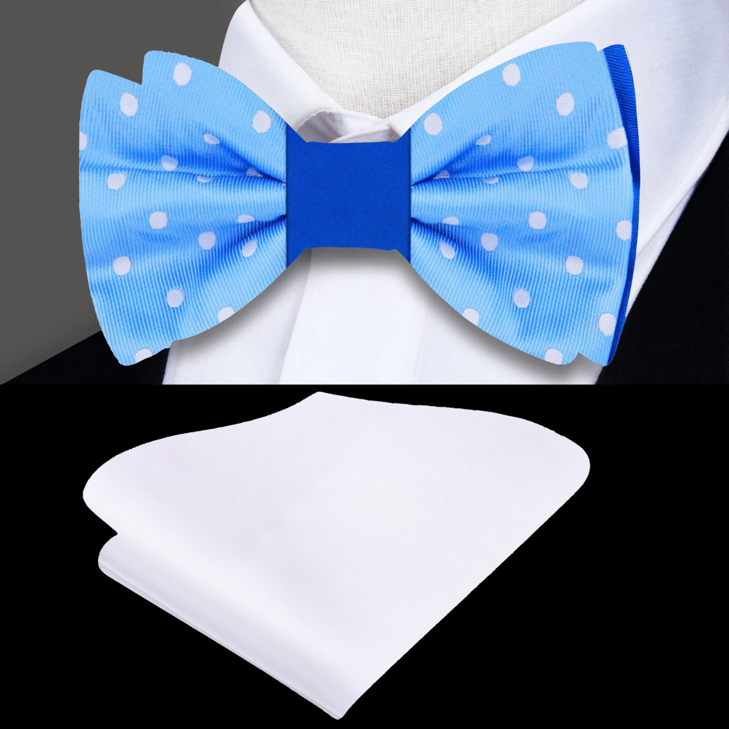 Man wearing a reversible silk bow tie with white dots paired with a white dress shirt and suit for a wedding
