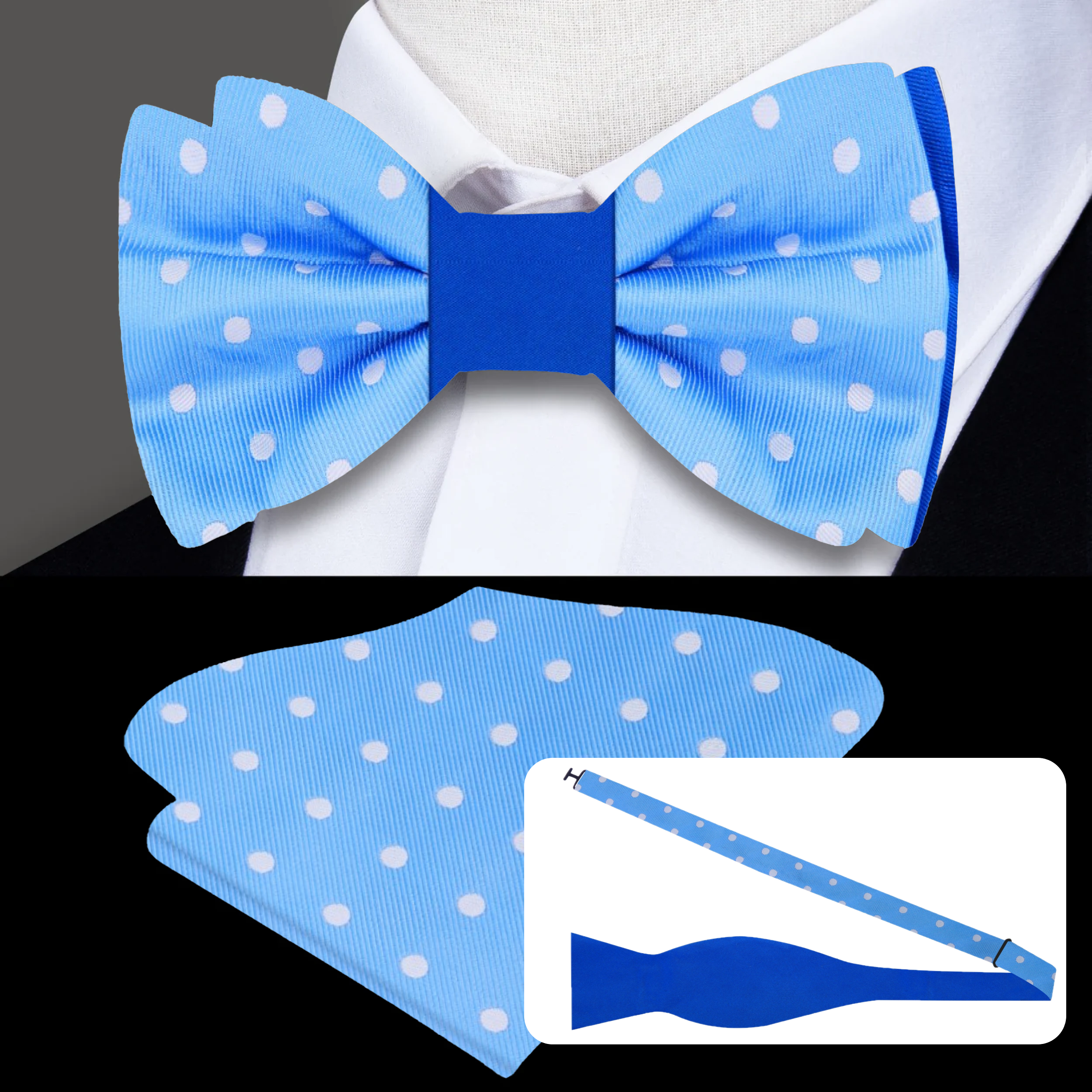 Close-up of reversible silk bow tie with white dots and solid blue sides, showing detailed fabric texture