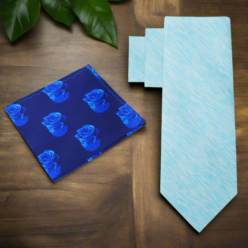 Close-up of light blue silk necktie with abstract lined pattern for formal occasions