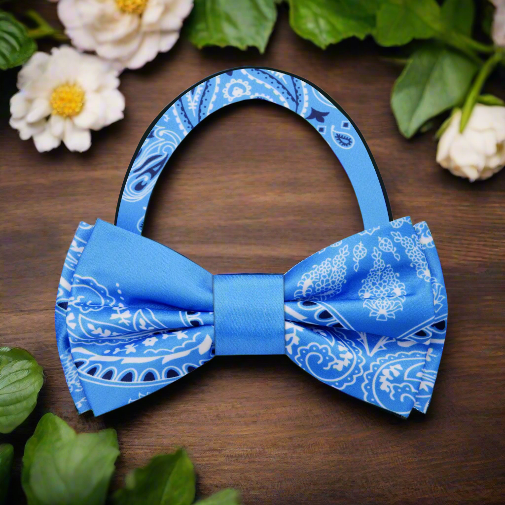 Elegant baby blue paisley bow tie displayed against a white background, showcasing its intricate design.