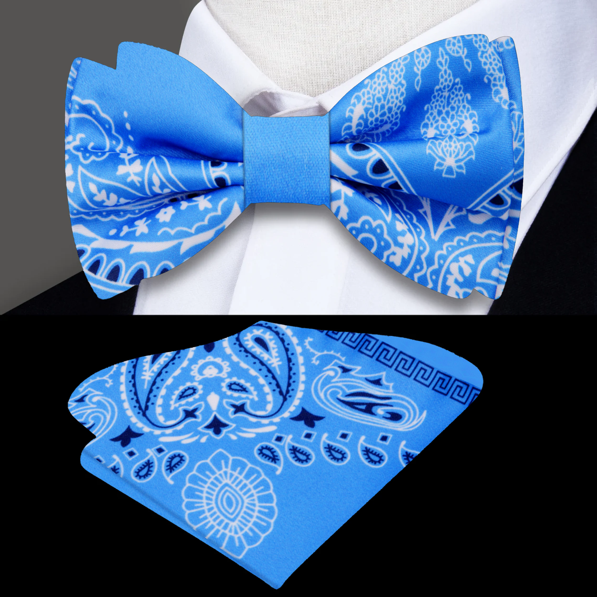 The baby blue paisley bow tie styled with a crisp white dress shirt, perfect for formal occasions.